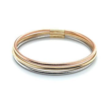 14K Tri-Color Gold Triple Row Stretch Mesh Bangle, 8.7mm, Size 7.5", Italy