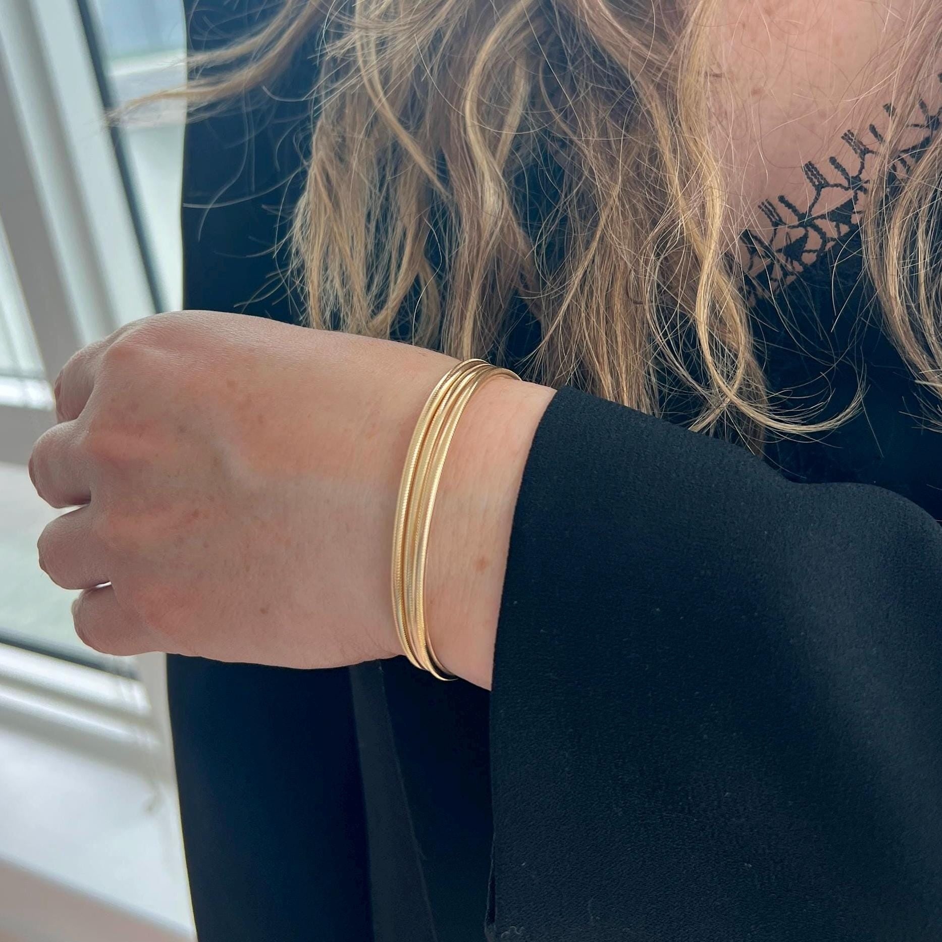 14K Tri-Color Gold Triple Row Stretch Mesh Bangle, 8.7mm, Size 7.5", Italy