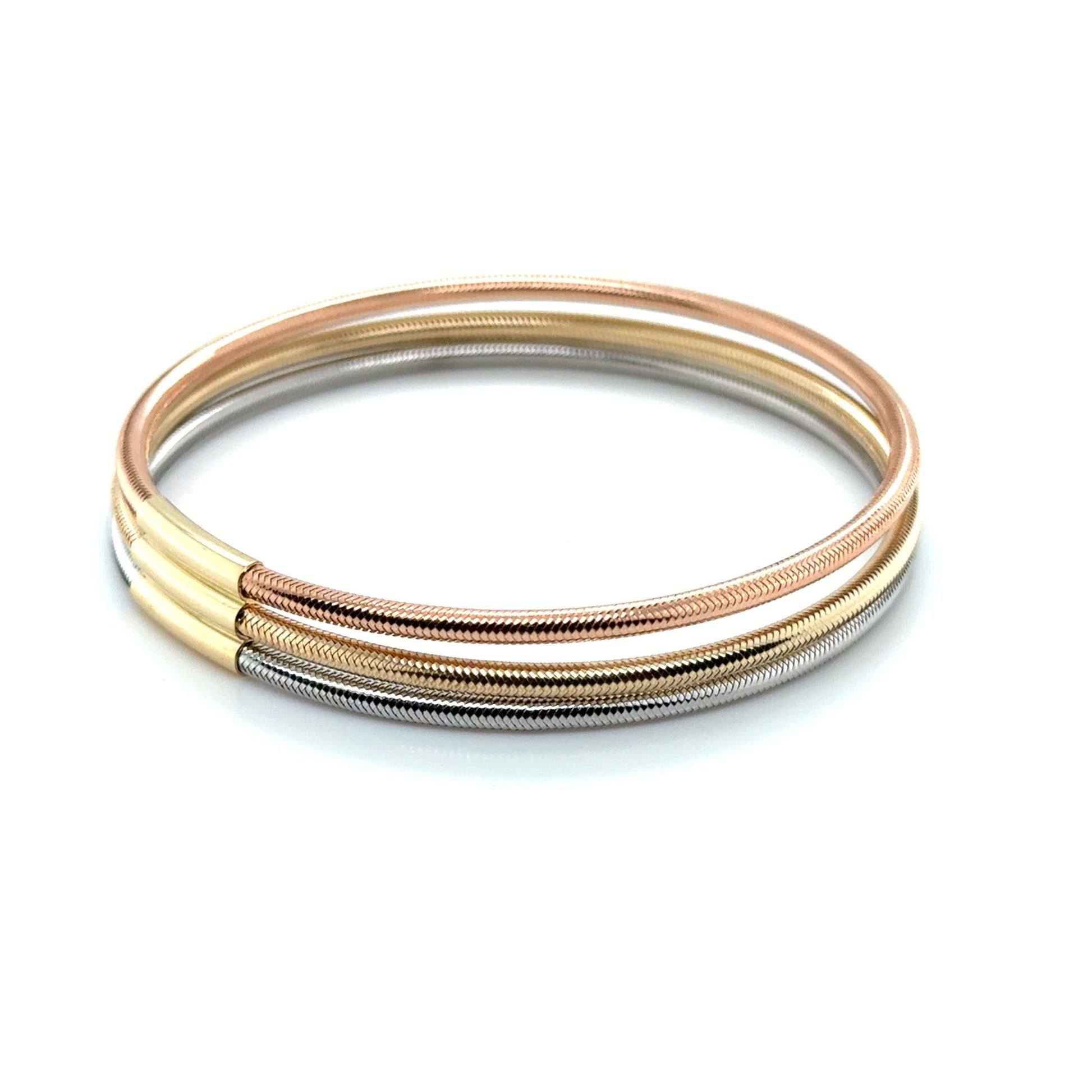 14K Tri-Color Gold Triple Row Stretch Mesh Bangle, 8.7mm, Size 7.5", Italy