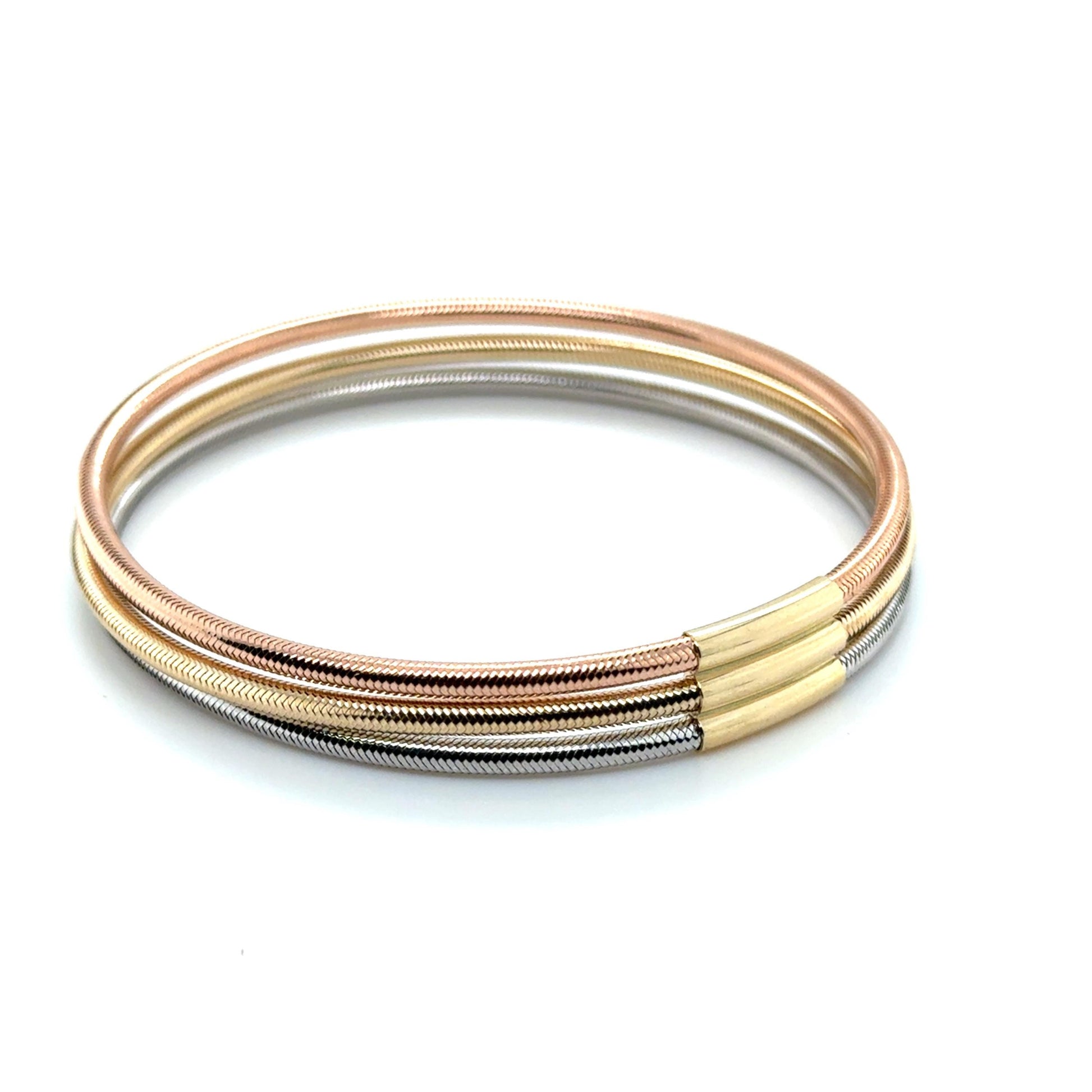 14K Tri-Color Gold Triple Row Stretch Mesh Bangle, 8.7mm, Size 7.5", Italy