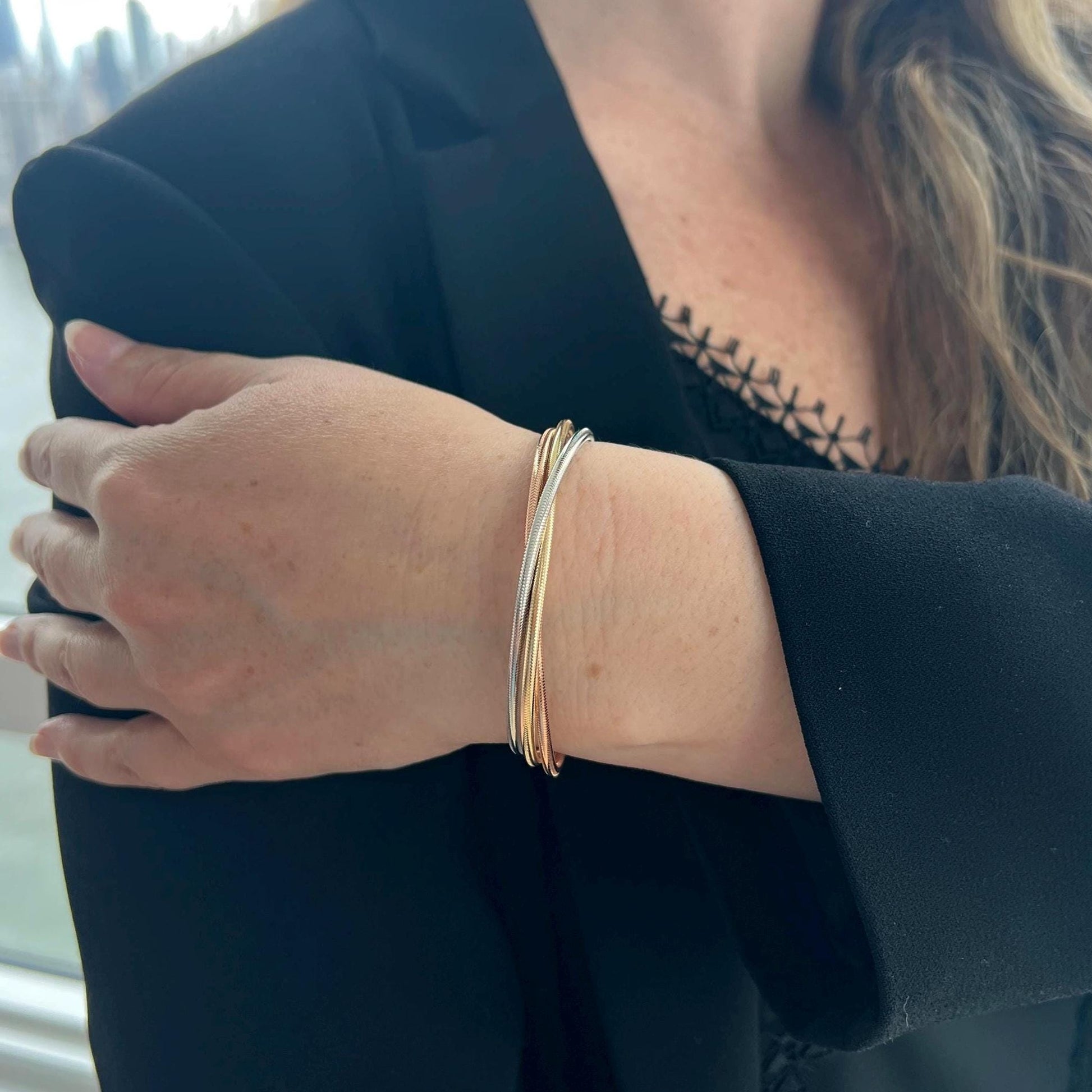 14K Tri-Color Gold Triple Row Stretch Mesh Bangle, 8.7mm, Size 7.5", Italy