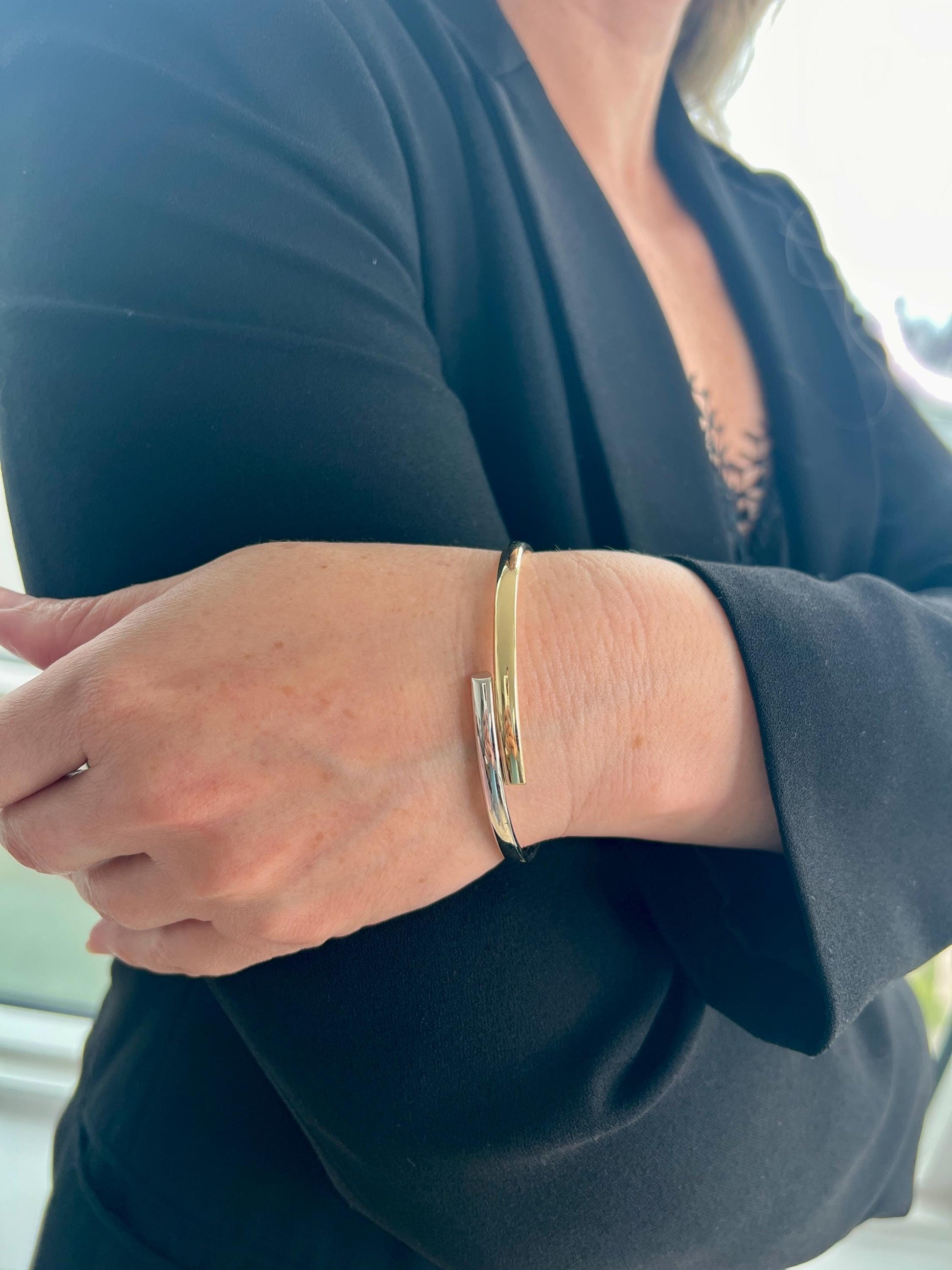 14K Two Tone Bypass Bangle, Yellow/White Gold Crossover, Minimalist Jewelry