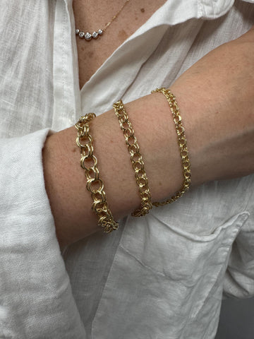 14K Yellow Gold Double Link Charm Bracelet, 7.25" 8" Real Gold, Women
