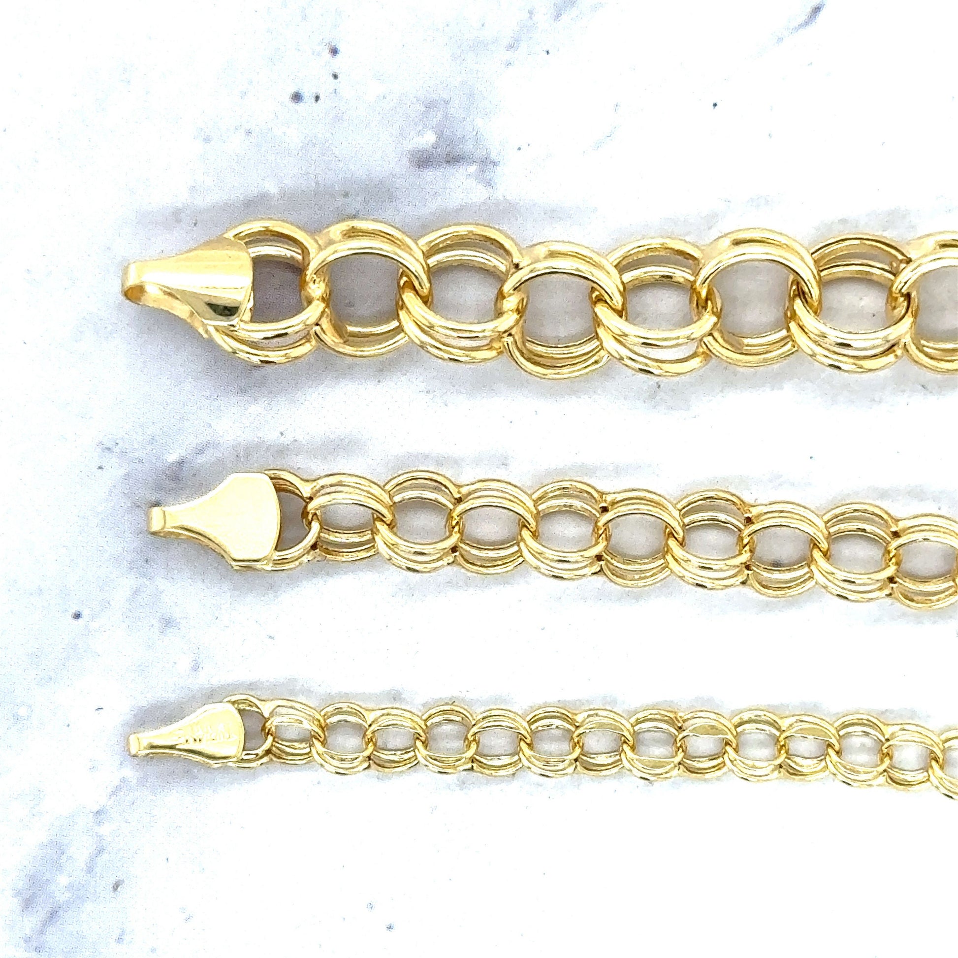 14K Yellow Gold Double Link Charm Bracelet, 7.25" 8" Real Gold, Women