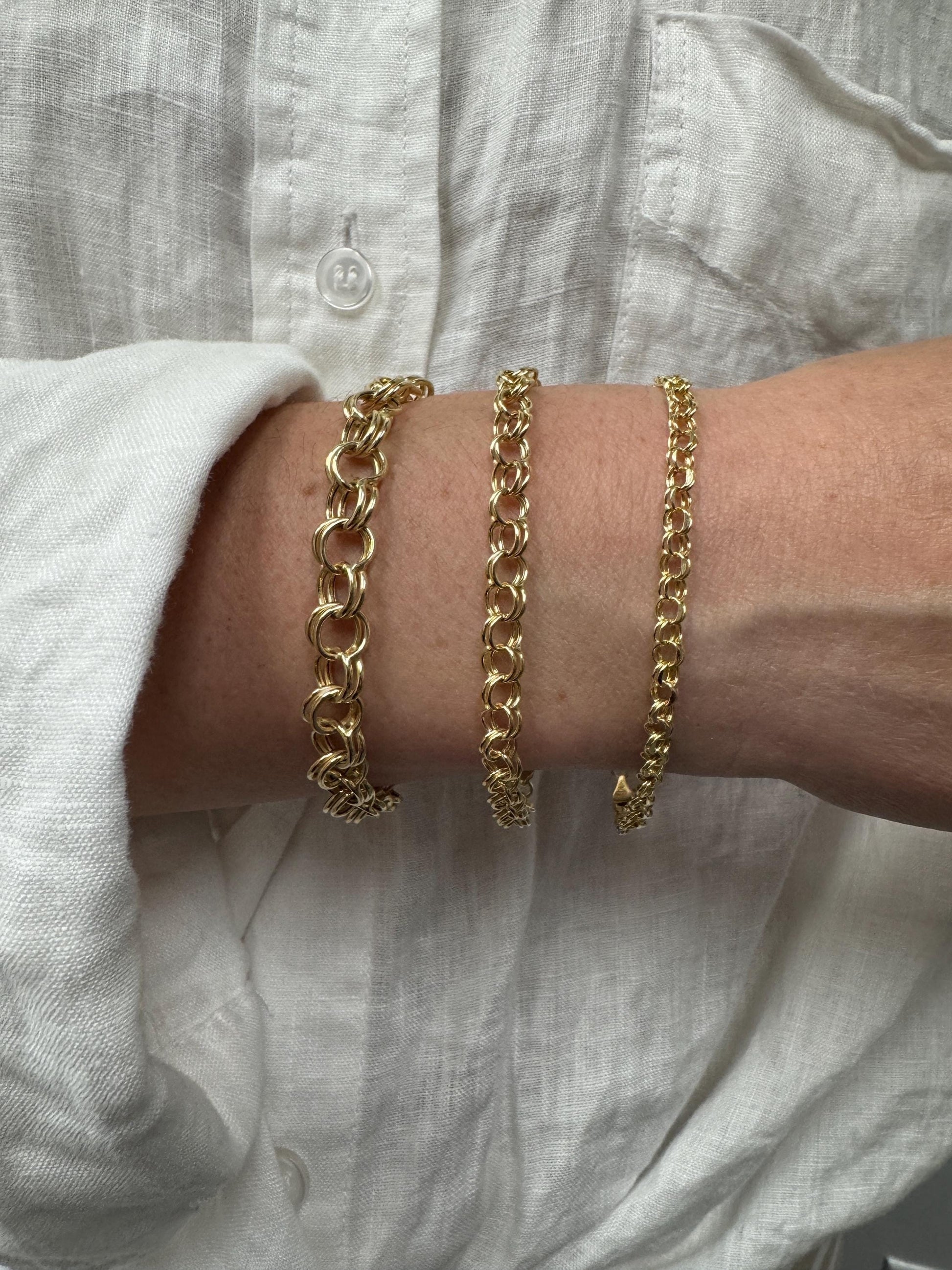 14K Yellow Gold Double Link Charm Bracelet, 7.25" 8" Real Gold, Women
