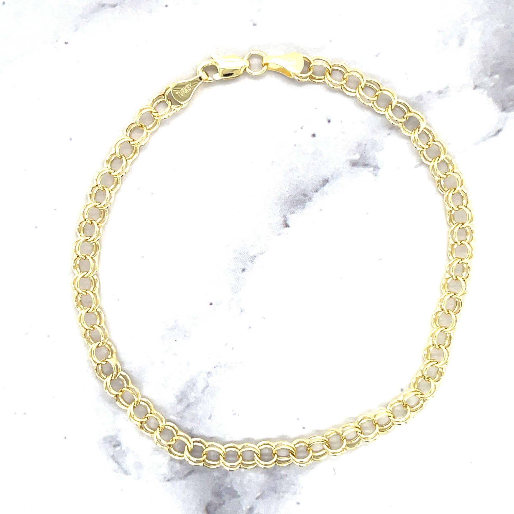 14K Yellow Gold Double Link Charm Bracelet, 7.25" 8" Real Gold, Women
