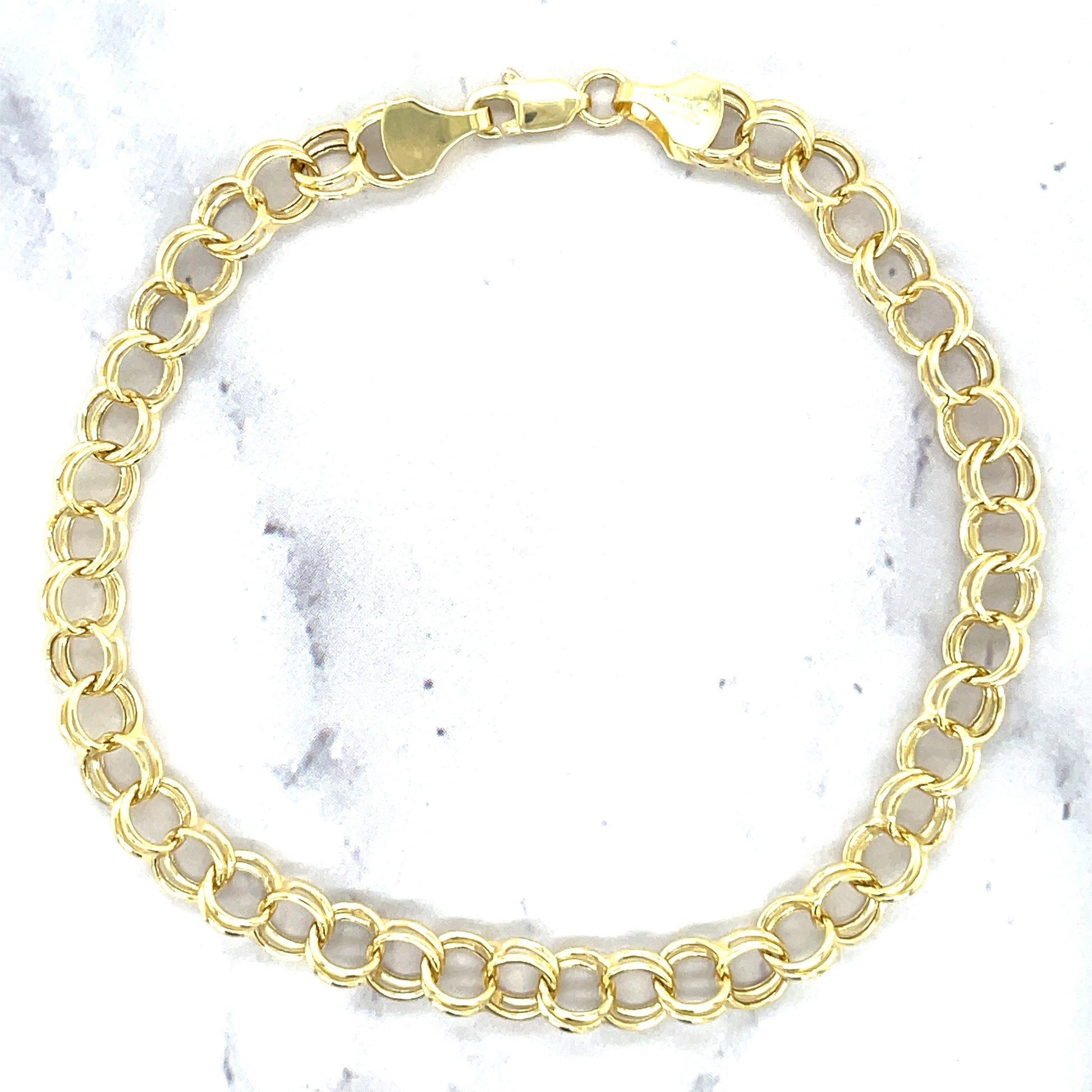 14K Yellow Gold Double Link Charm Bracelet, 7.25" 8" Real Gold, Women