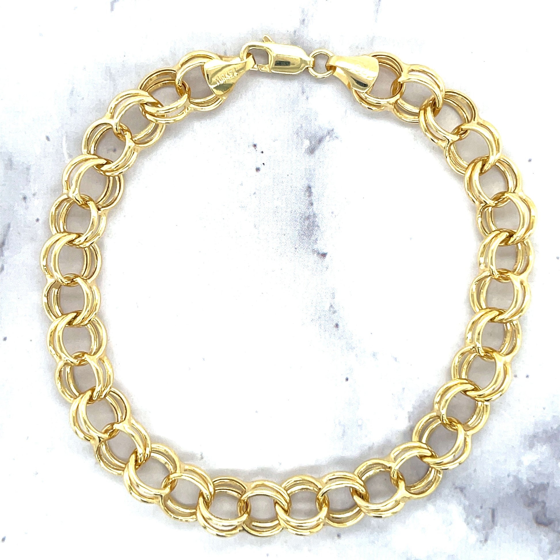 14K Yellow Gold Double Link Charm Bracelet, 7.25" 8" Real Gold, Women