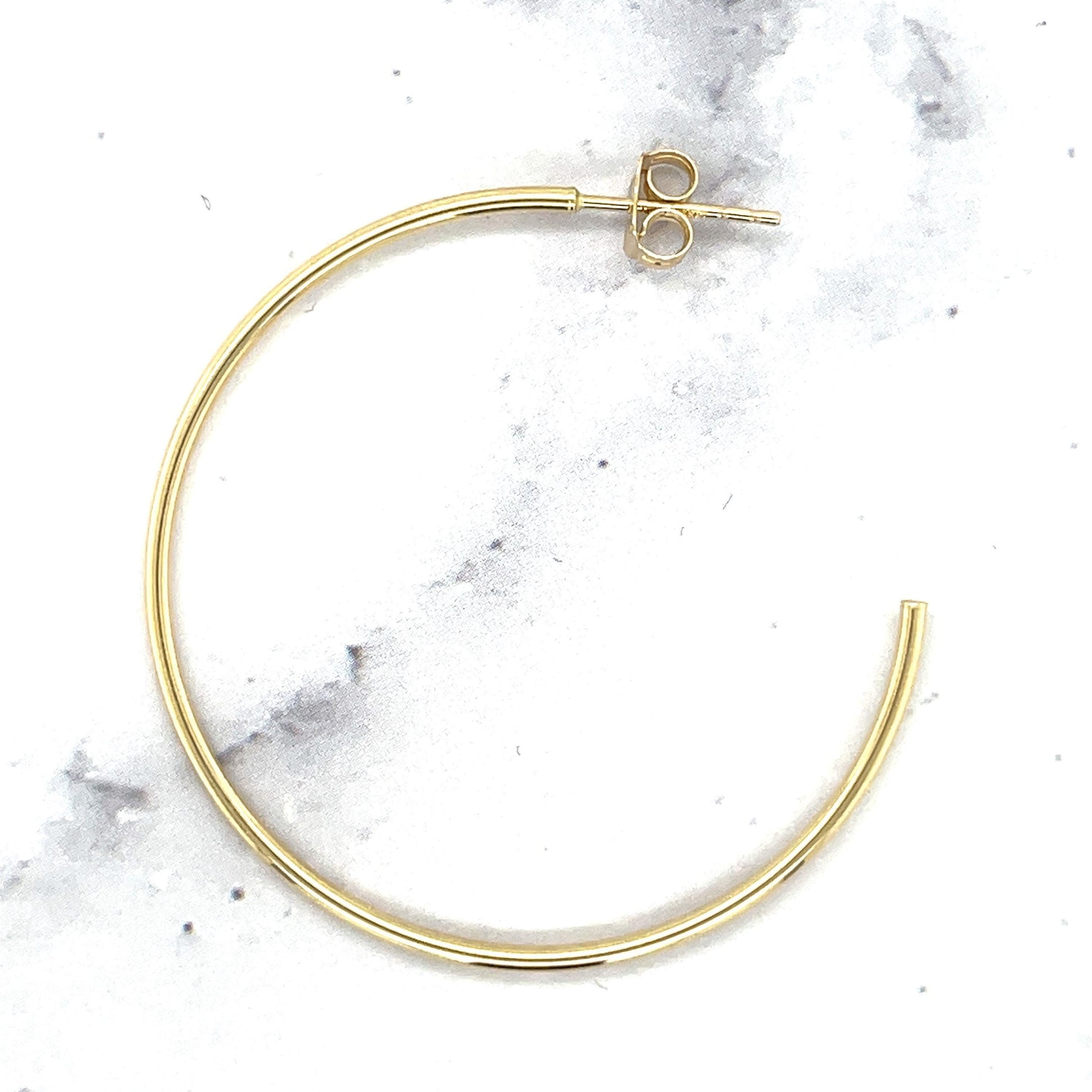 14K Yellow Gold 40mm C Hoop Earrings: Thin Hollow Circle, Push Back Closure