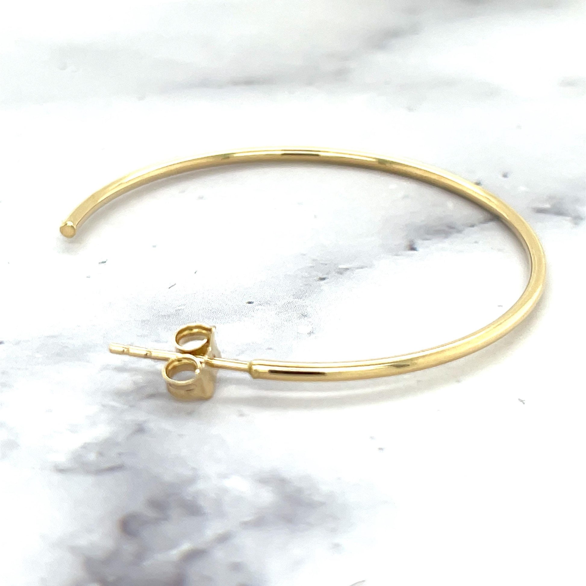 14K Yellow Gold 40mm C Hoop Earrings: Thin Hollow Circle, Push Back Closure