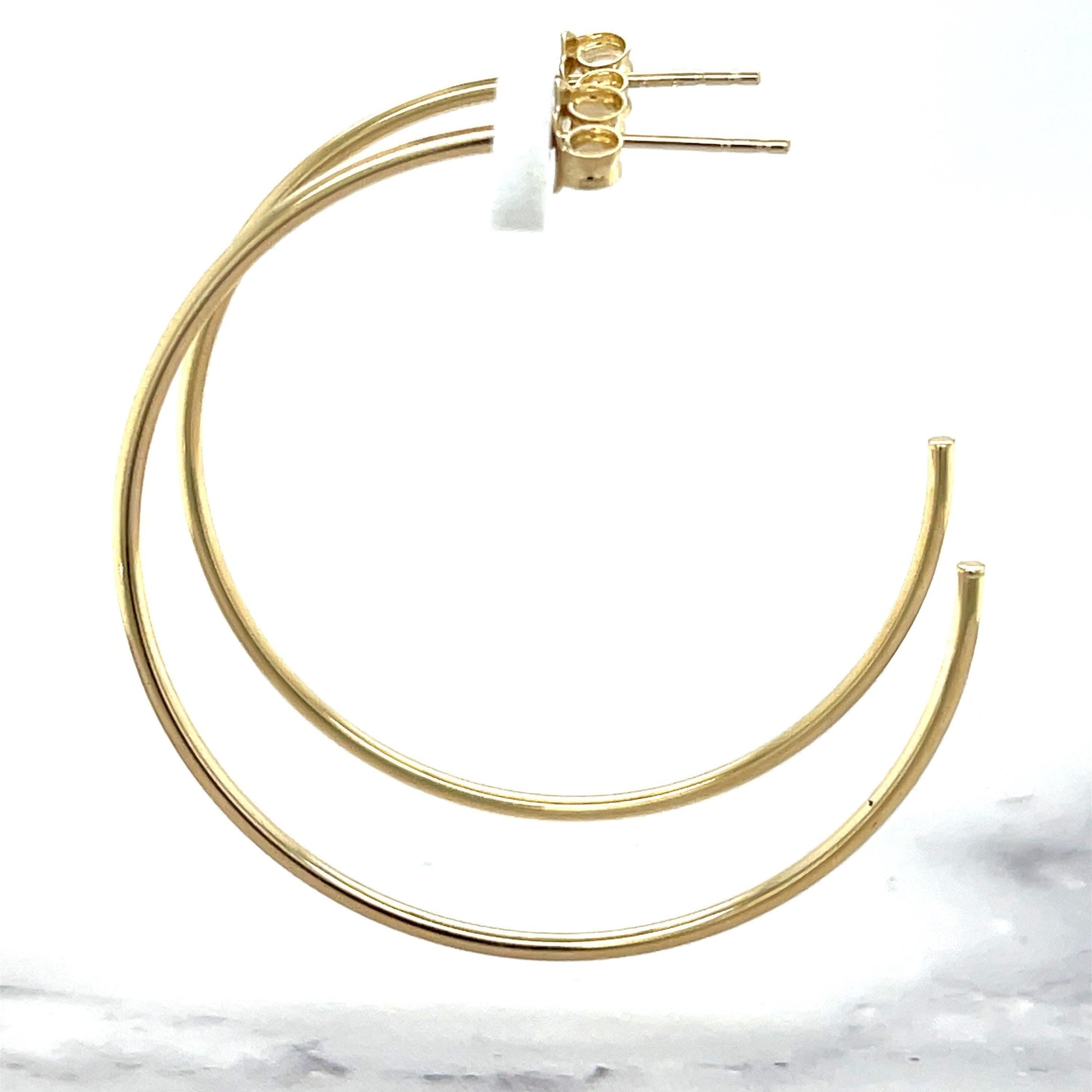 14K Yellow Gold 40mm C Hoop Earrings: Thin Hollow Circle, Push Back Closure