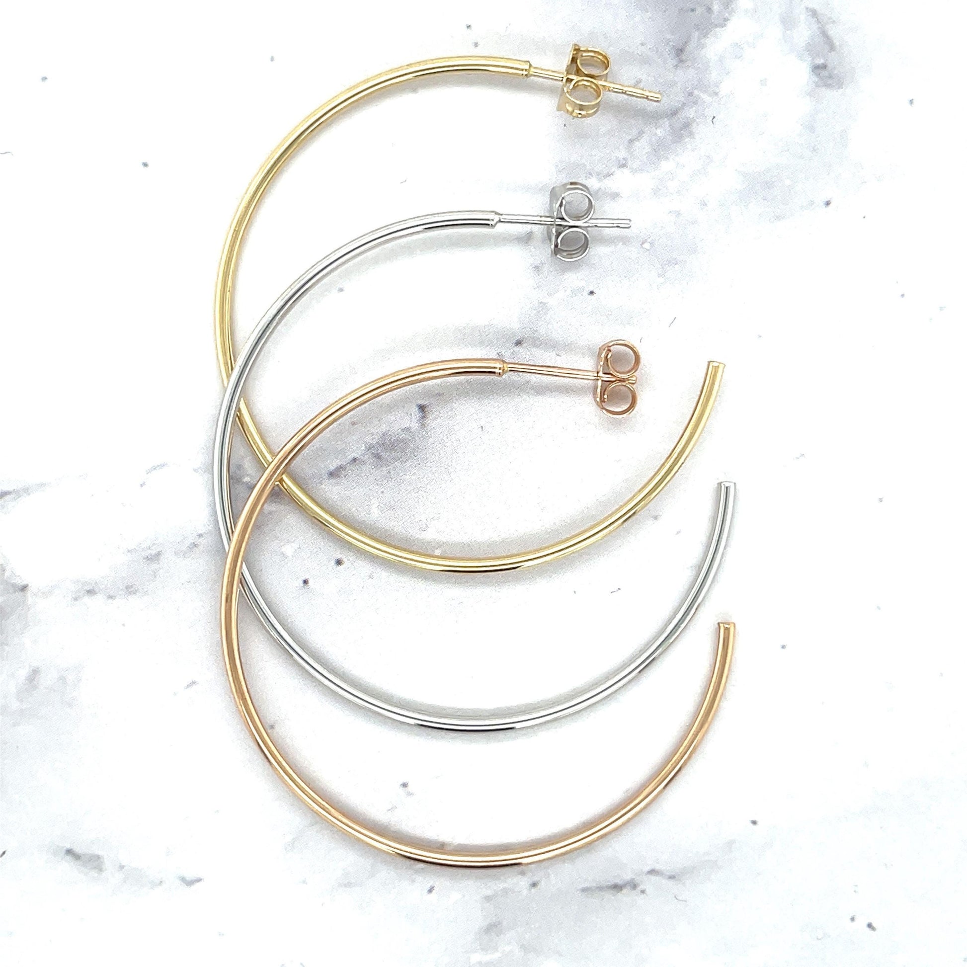 14K Yellow Gold 40mm C Hoop Earrings: Thin Hollow Circle, Push Back Closure