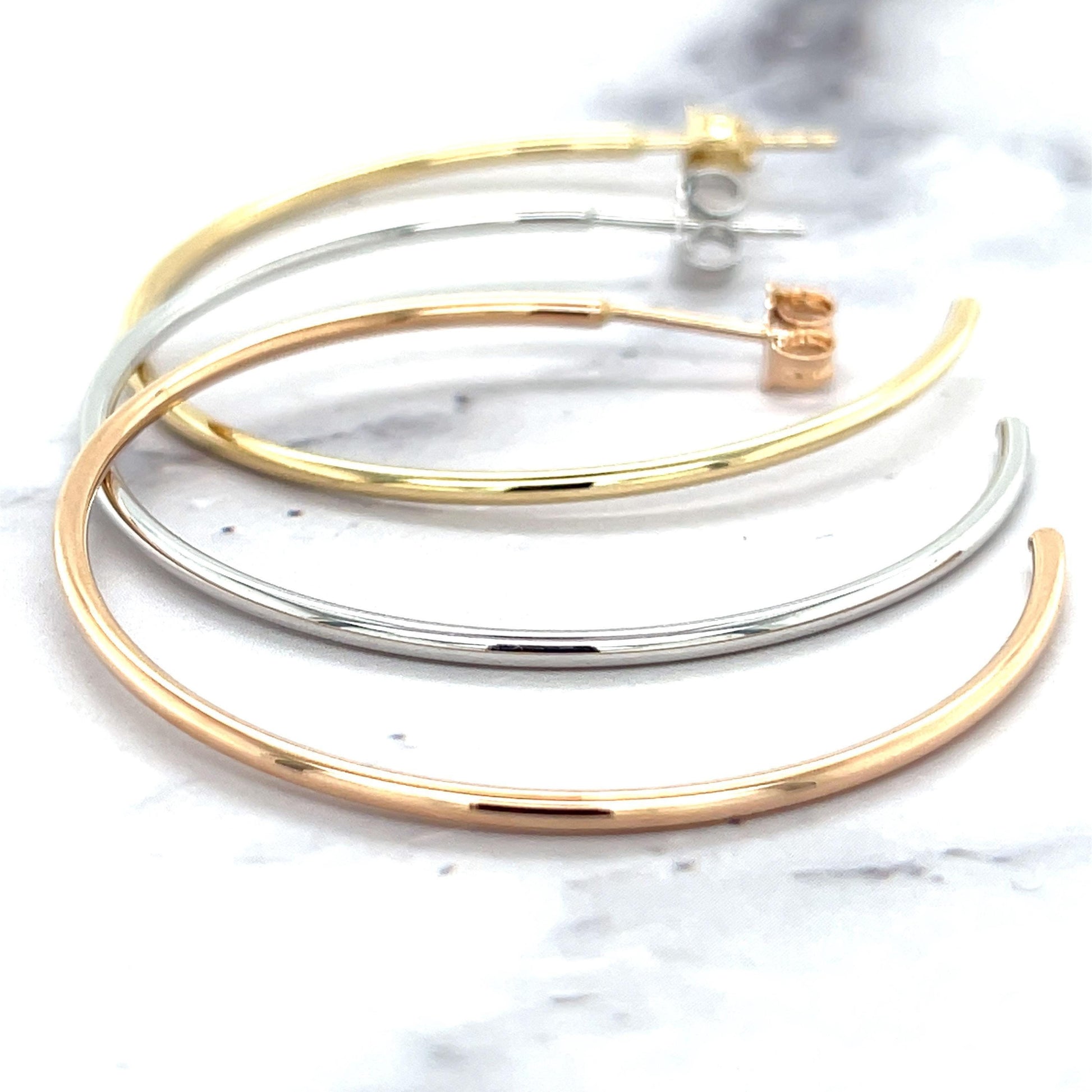 14K Yellow Gold 40mm C Hoop Earrings: Thin Hollow Circle, Push Back Closure