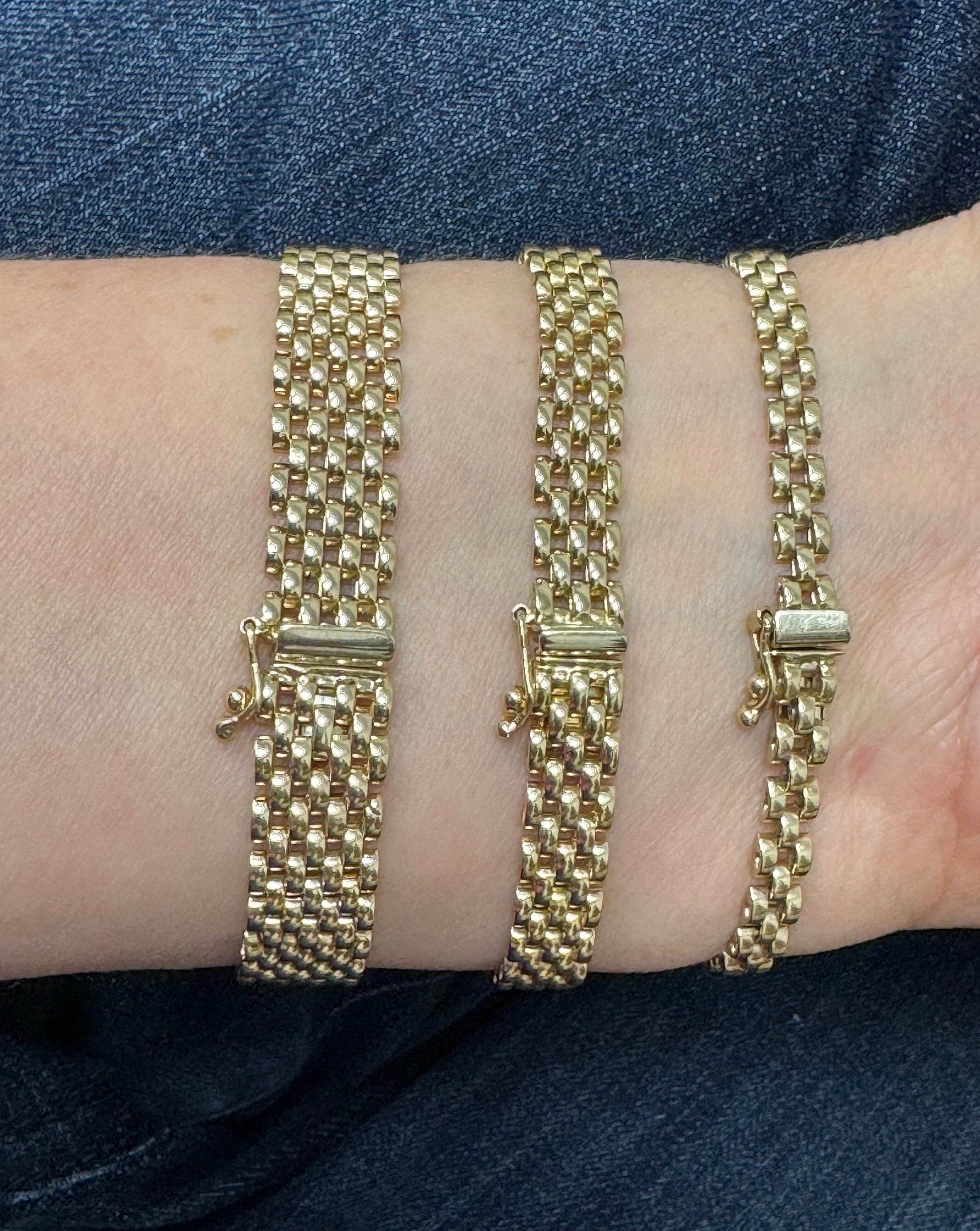 14K Yellow Gold 7" Panther Bracelet, 4mm 6.5mm 9mm, 3-5-7 Link Rows, Women