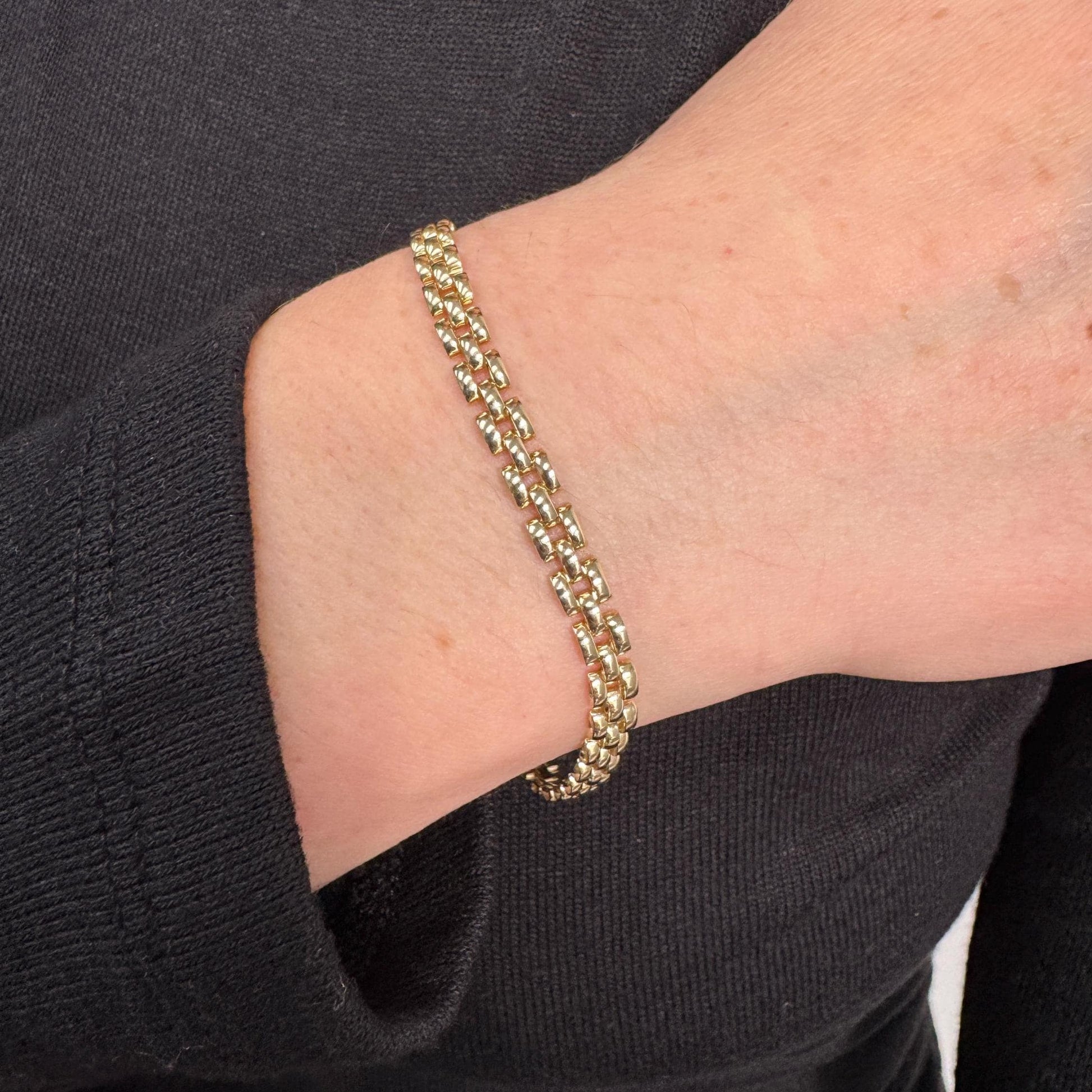 14K Yellow Gold 7" Panther Bracelet, 4mm 6.5mm 9mm, 3-5-7 Link Rows, Women