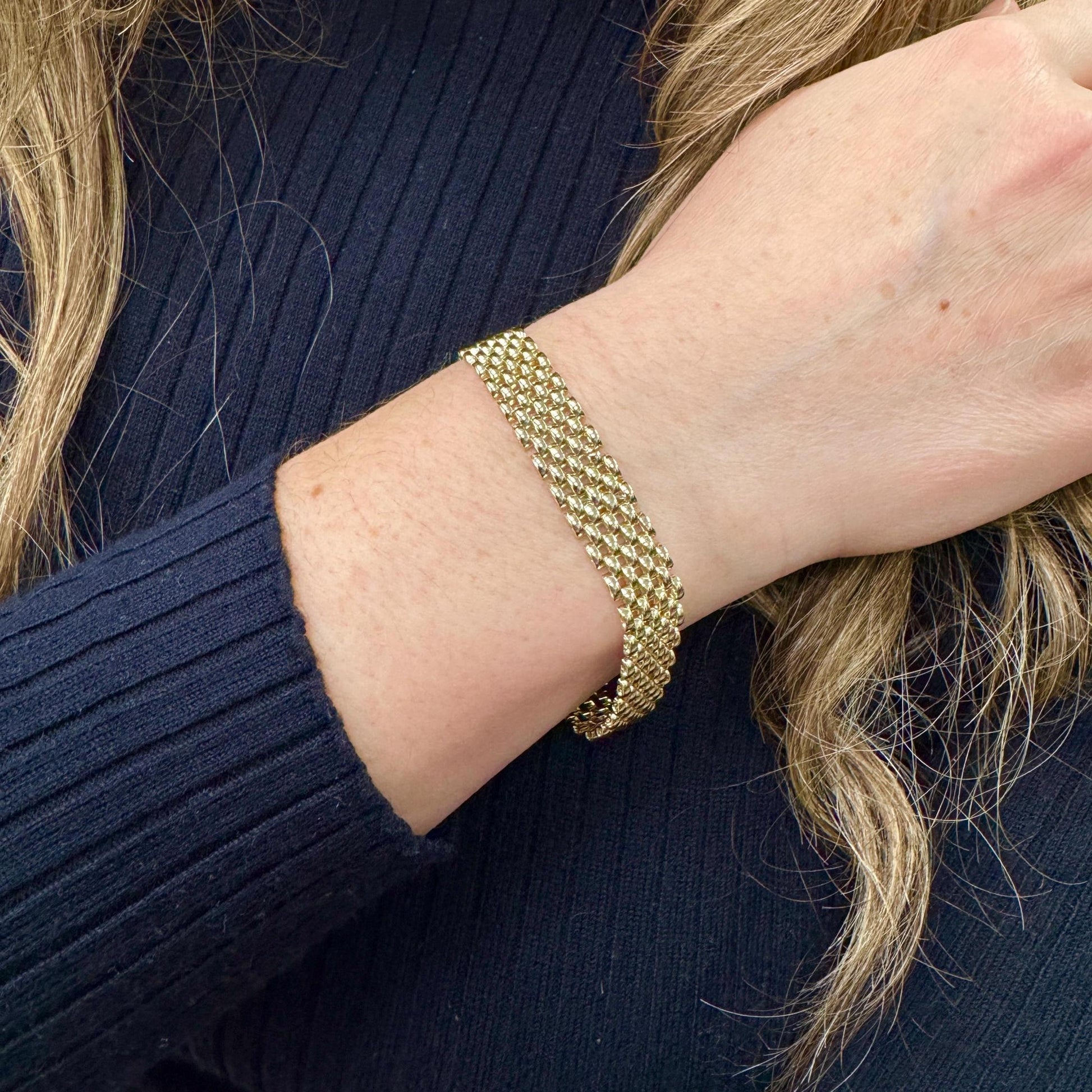 14K Yellow Gold 7" Panther Bracelet, 4mm 6.5mm 9mm, 3-5-7 Link Rows, Women