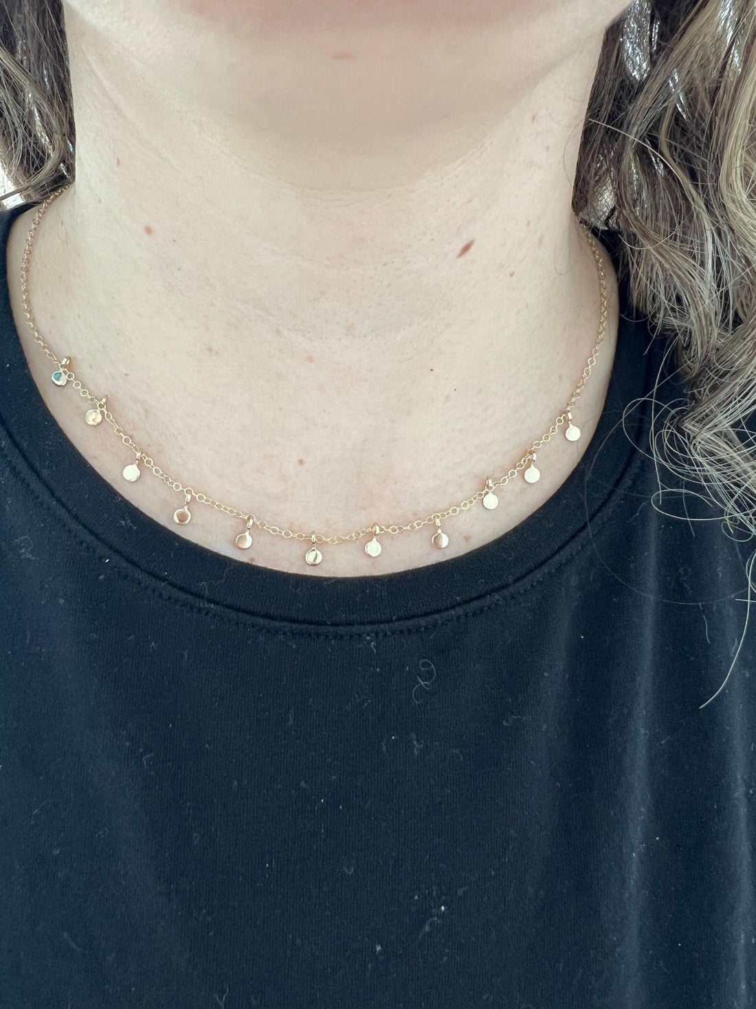 14K Yellow Gold Circle Dangle Choker Necklace, 16" w/ 2" ext, Real Gold, Women