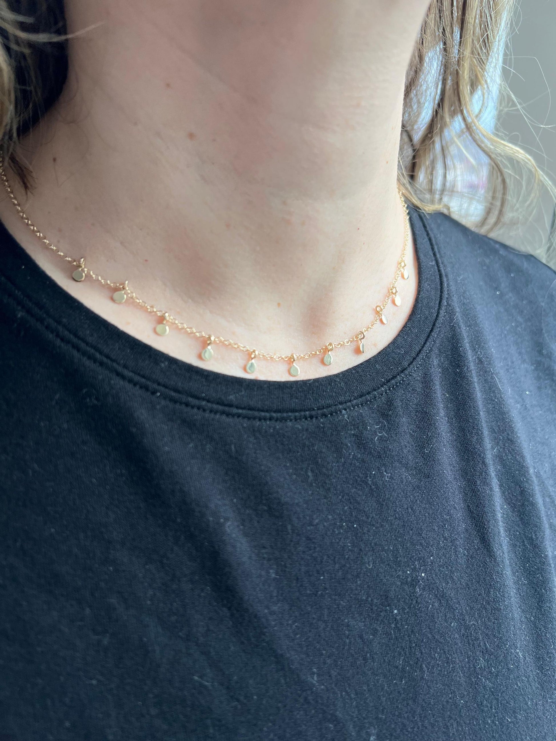 14K Yellow Gold Circle Dangle Choker Necklace, 16" w/ 2" ext, Real Gold, Women