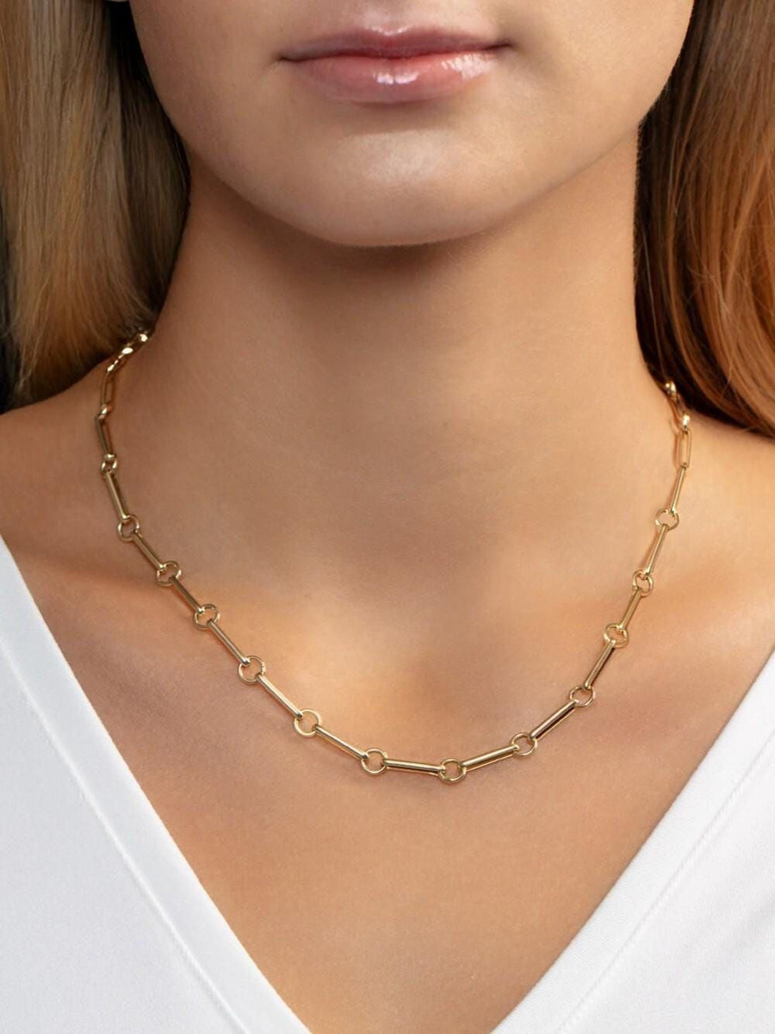 14K Yellow Gold Long Bar Link Necklace | Minimalist Fine Jewelry Gift for Her