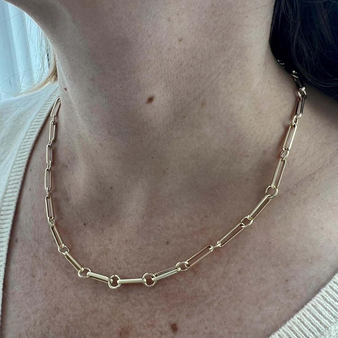 14K Yellow Gold Long Bar Link Necklace | Minimalist Fine Jewelry Gift for Her