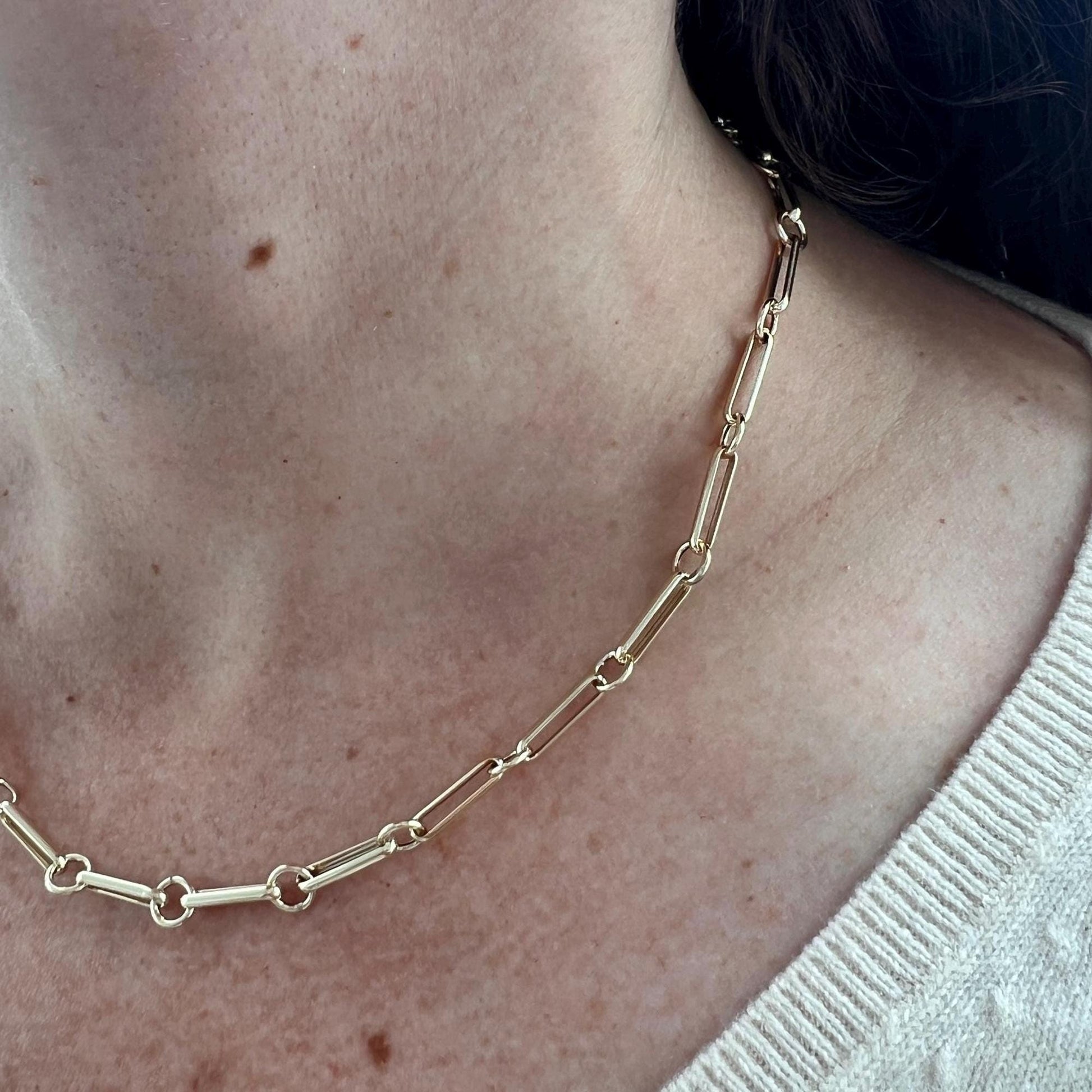 14K Yellow Gold Long Bar Link Necklace | Minimalist Fine Jewelry Gift for Her