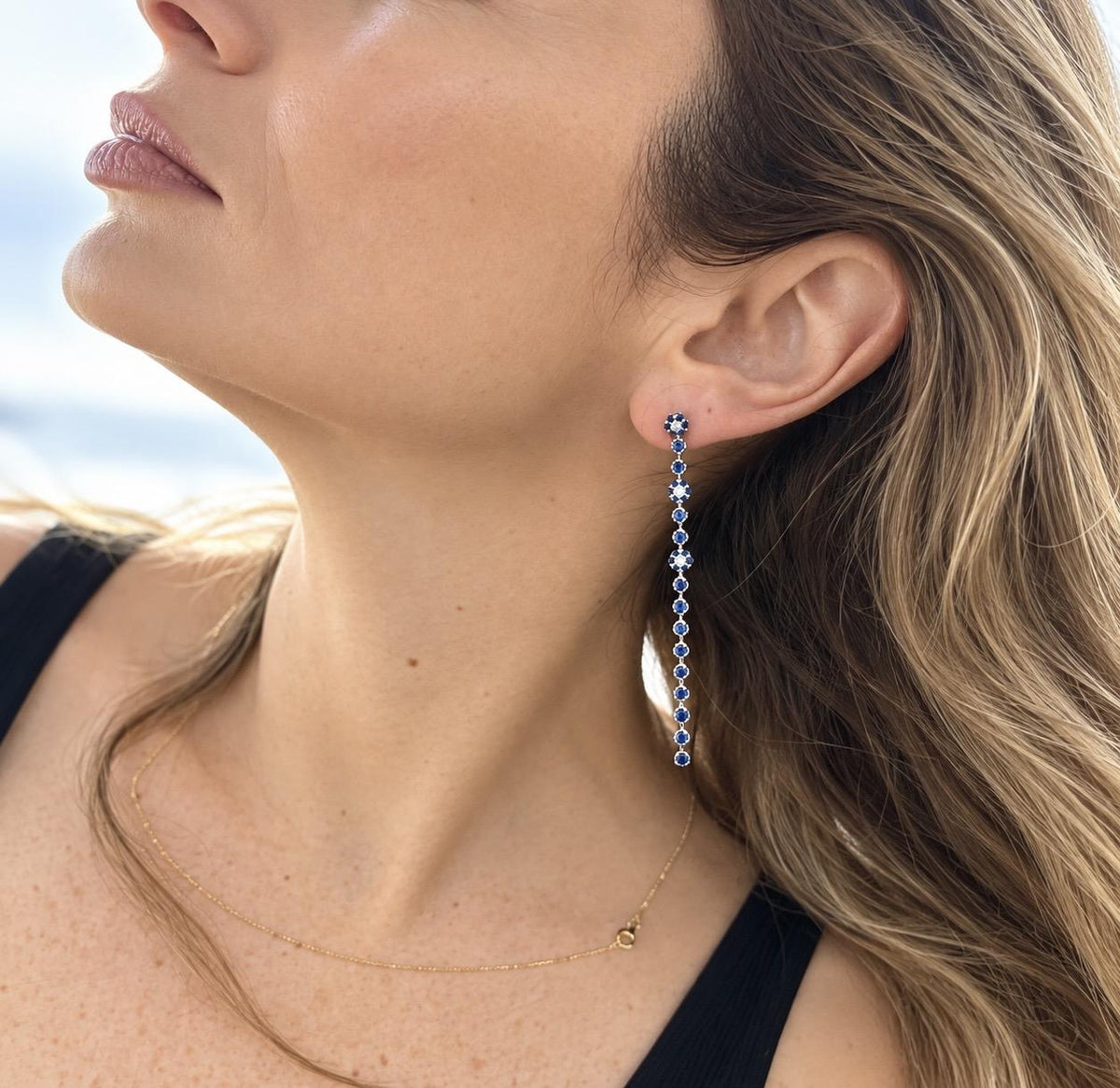 14K White Gold Sapphire Drop Earrings, 3", Blue Sapphires, Secure Closure