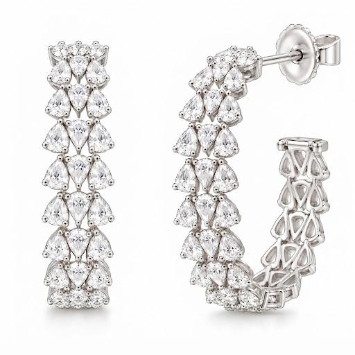 14K White Gold Rose Cut Pear Shape Diamond Cluster C - Hoop Earrings- 3.21 CTW