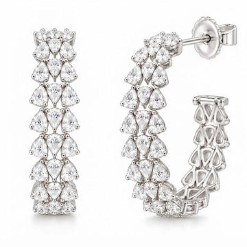 14K White Gold Rose Cut Pear Shape Diamond Cluster C - Hoop Earrings- 3.21 CTW