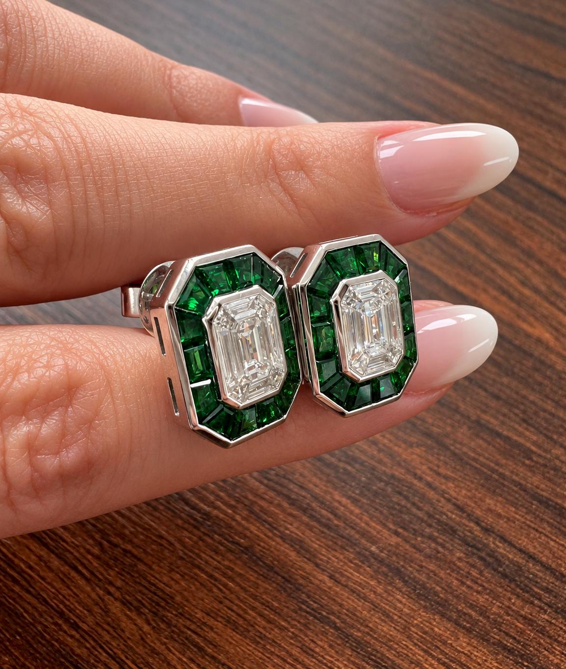 18K Gold Earrings with 1.05ct Emerald-Cut Diamond & Tsavorite Halo