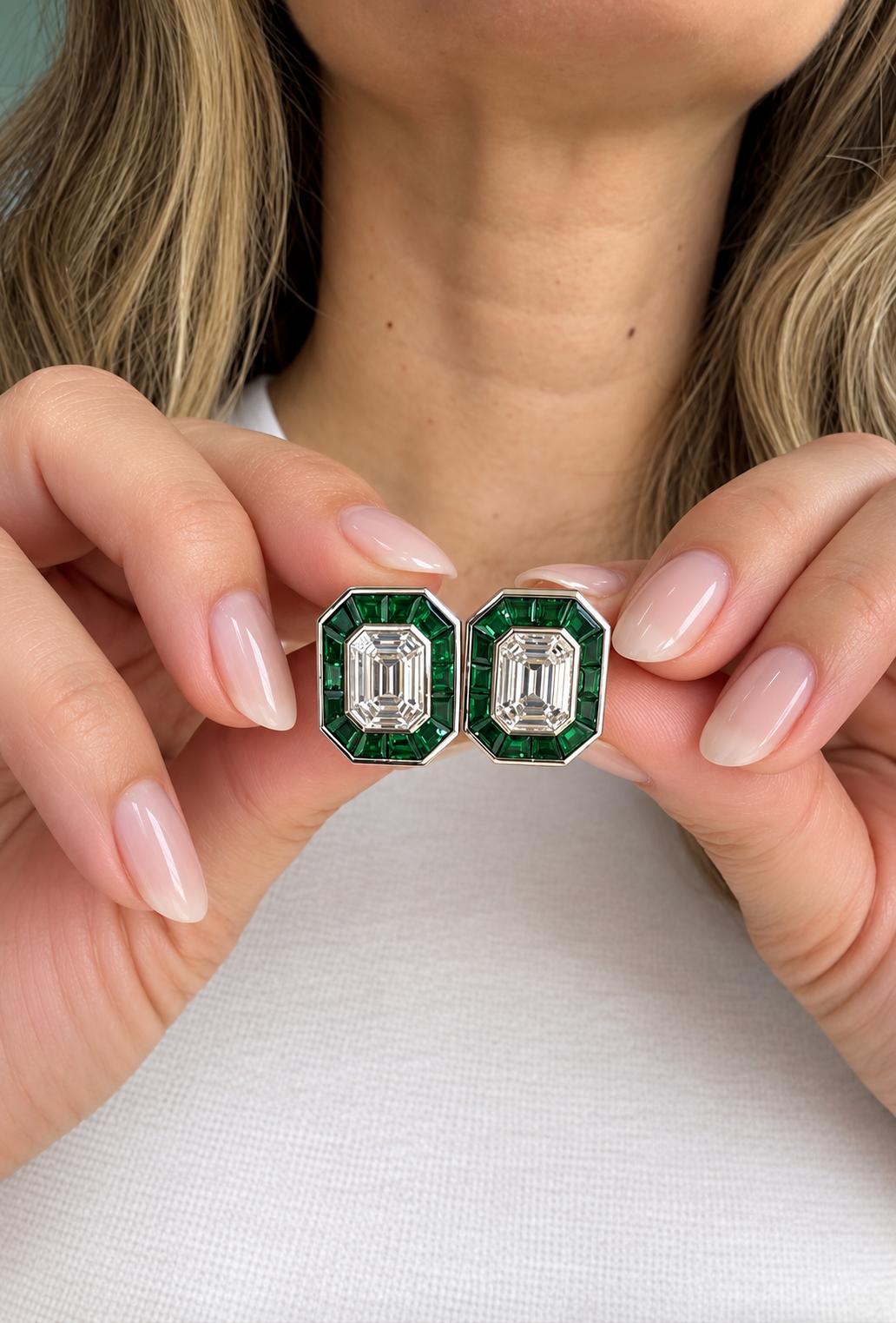18K Gold Earrings with 1.05ct Emerald-Cut Diamond & Tsavorite Halo