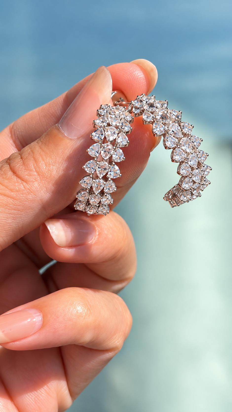 14K White Gold Rose Cut Pear Shape Diamond Cluster C - Hoop Earrings- 3.21 CTW