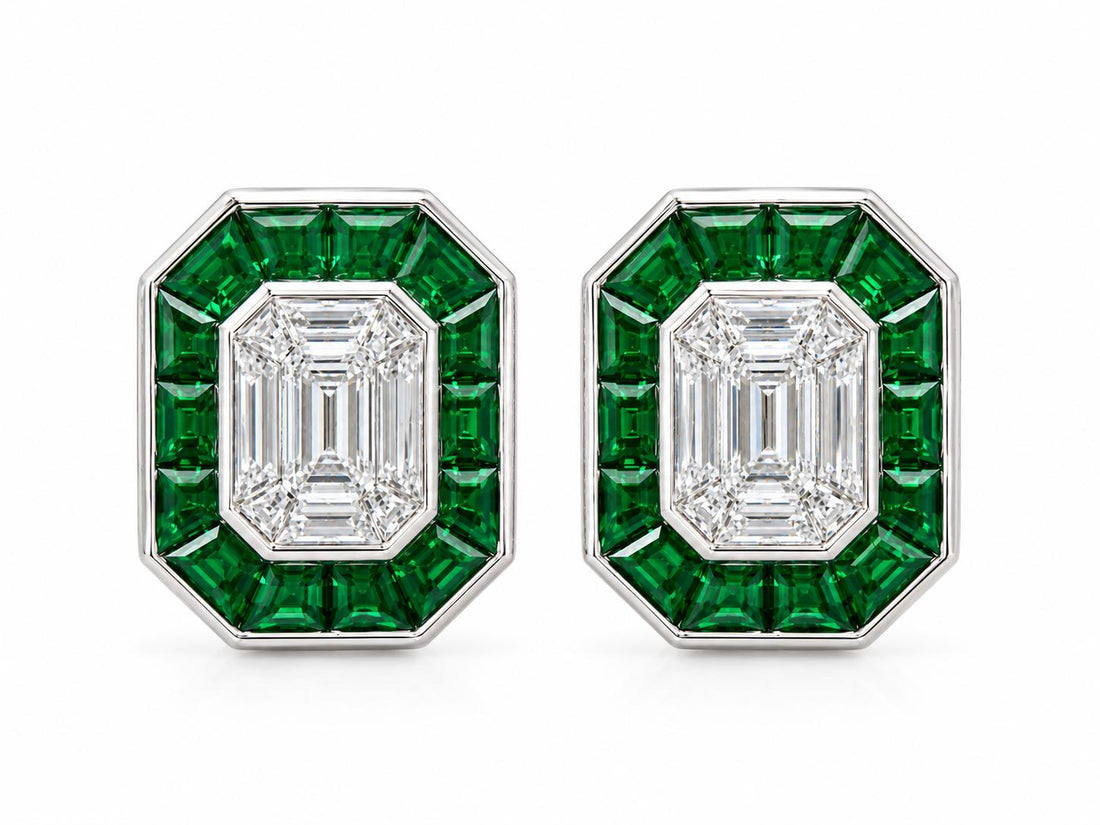 18K Gold Earrings with 1.05ct Emerald-Cut Diamond & Tsavorite Halo