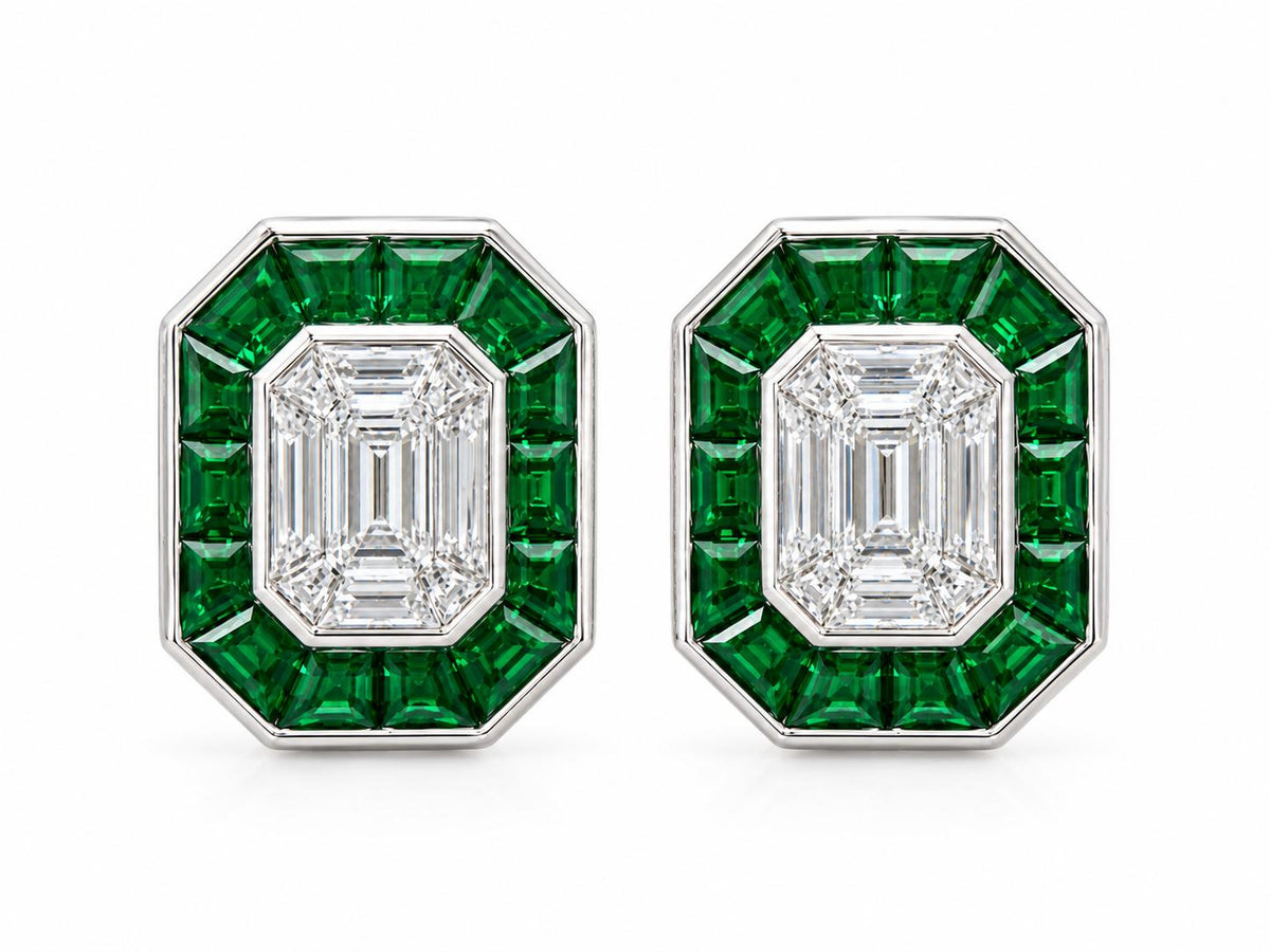18K Gold Earrings with 1.05ct Emerald-Cut Diamond & Tsavorite Halo