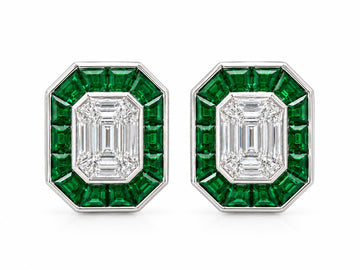 18K Gold Earrings with 1.05ct Emerald-Cut Diamond & Tsavorite Halo