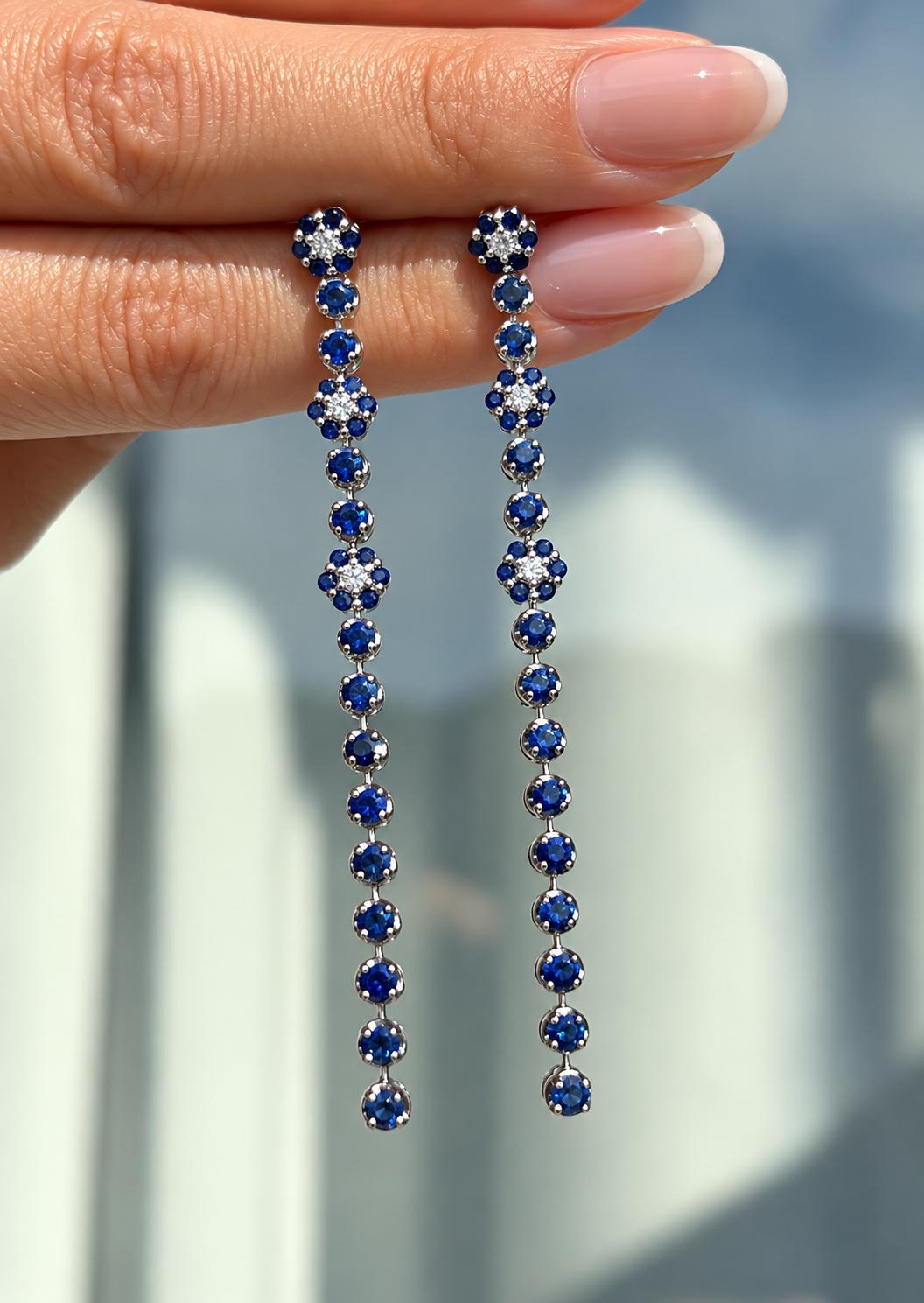 14K White Gold Sapphire Drop Earrings, 3", Blue Sapphires, Secure Closure