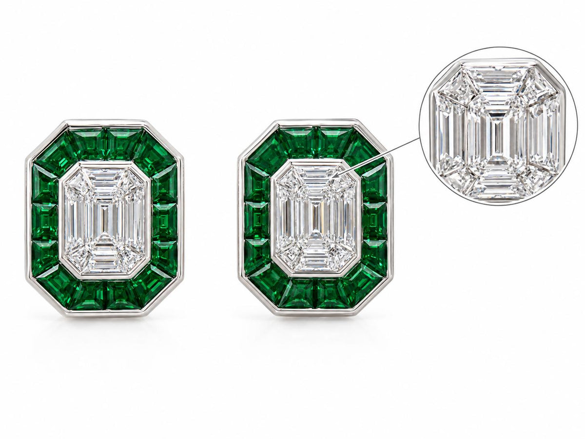 18K Gold Earrings with 1.05ct Emerald-Cut Diamond & Tsavorite Halo