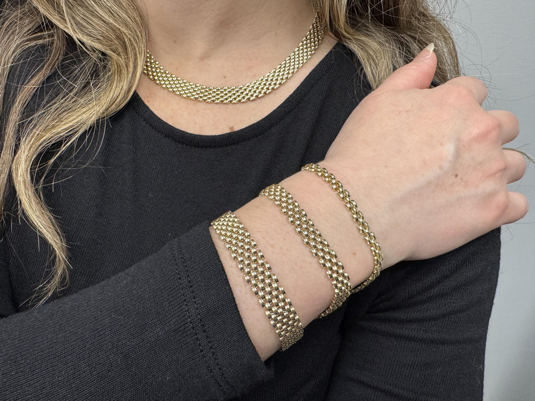 14K Yellow Gold 7" Panther Bracelet, 4mm 6.5mm 9mm, 3-5-7 Link Rows, Women