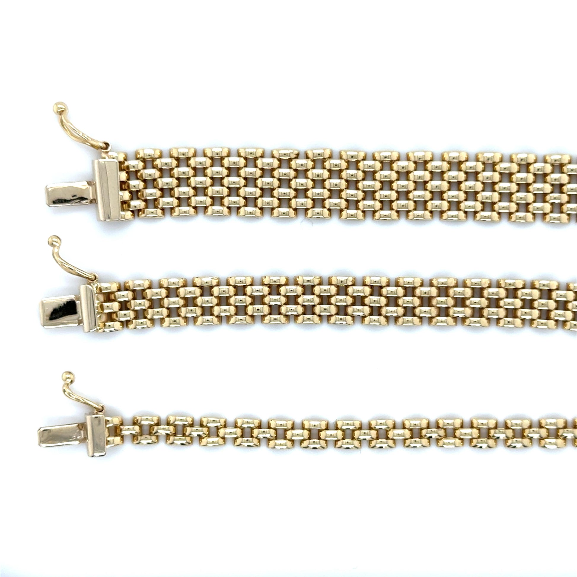 14K Yellow Gold 7" Panther Bracelet, 4mm 6.5mm 9mm, 3-5-7 Link Rows, Women