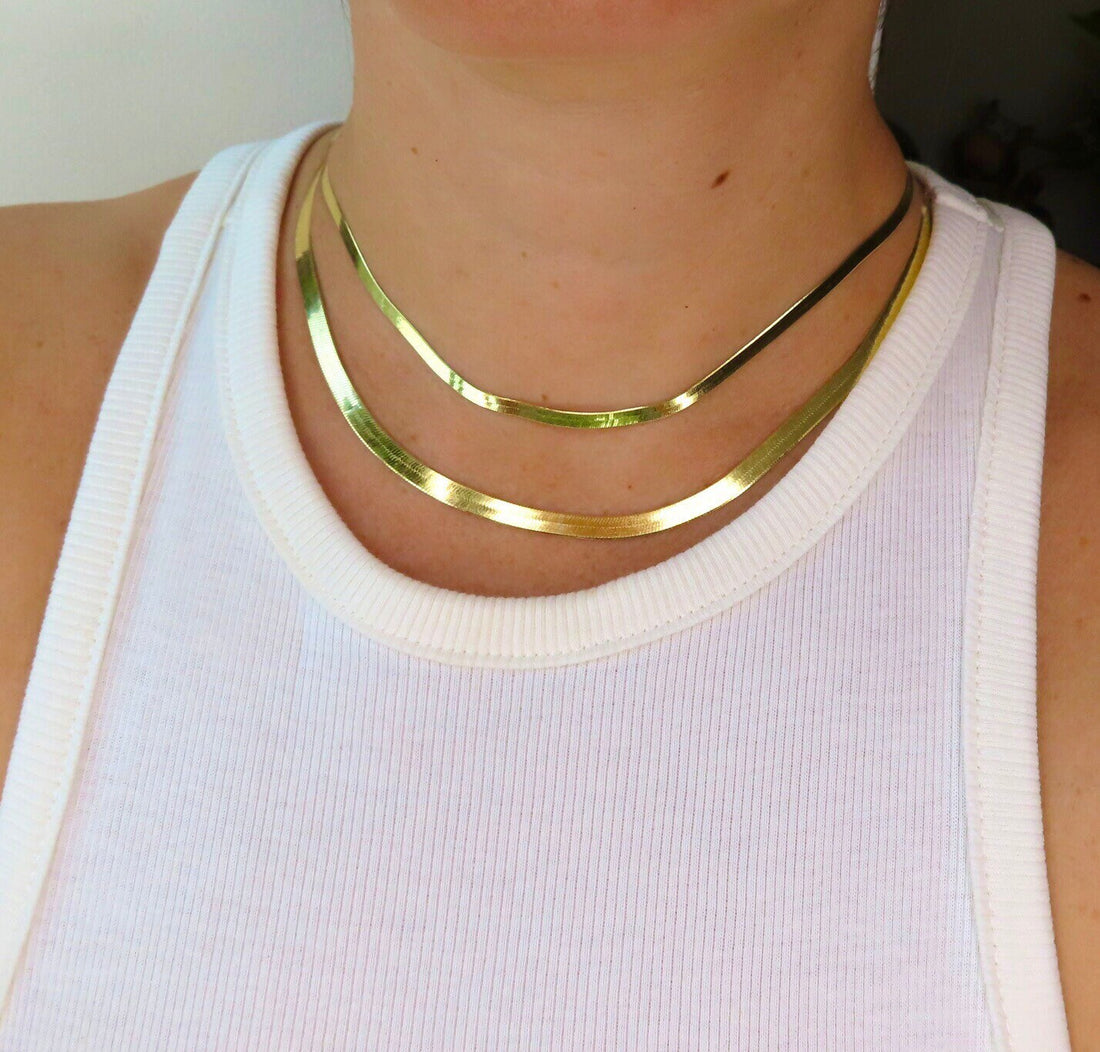 14K Solid Yellow Gold Herringbone Chain Necklace, 16" 18" 20" 24" Inch, 3mm 4mm 5mm Thick, 14K Herringbone Woman Gold Chain