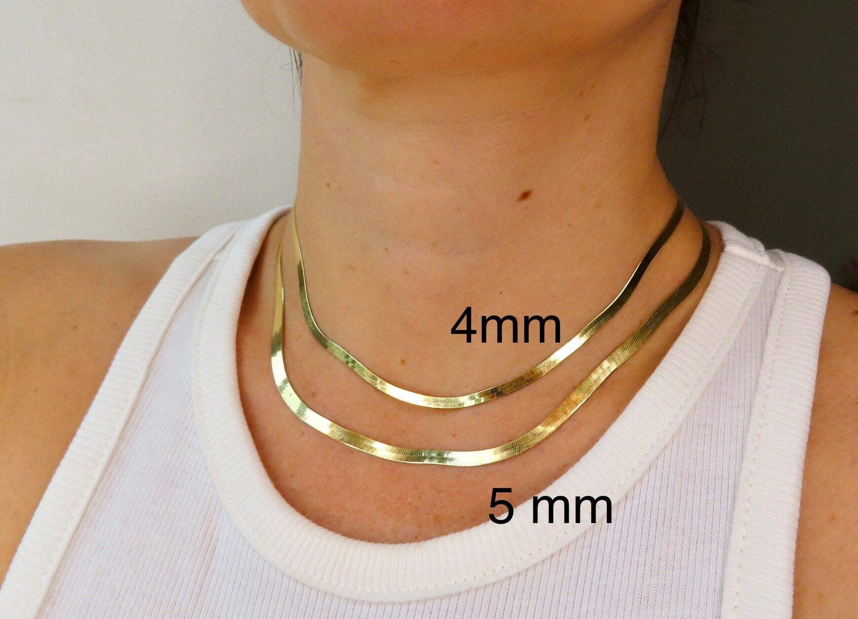 14K Solid Yellow Gold Herringbone Chain Necklace, 16" 18" 20" 24" Inch, 3mm 4mm 5mm Thick, 14K Herringbone Woman Gold Chain