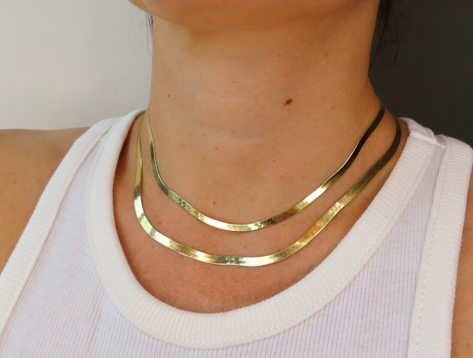 14K Solid Yellow Gold Herringbone Chain Necklace, 16" 18" 20" 24" Inch, 3mm 4mm 5mm Thick, 14K Herringbone Woman Gold Chain