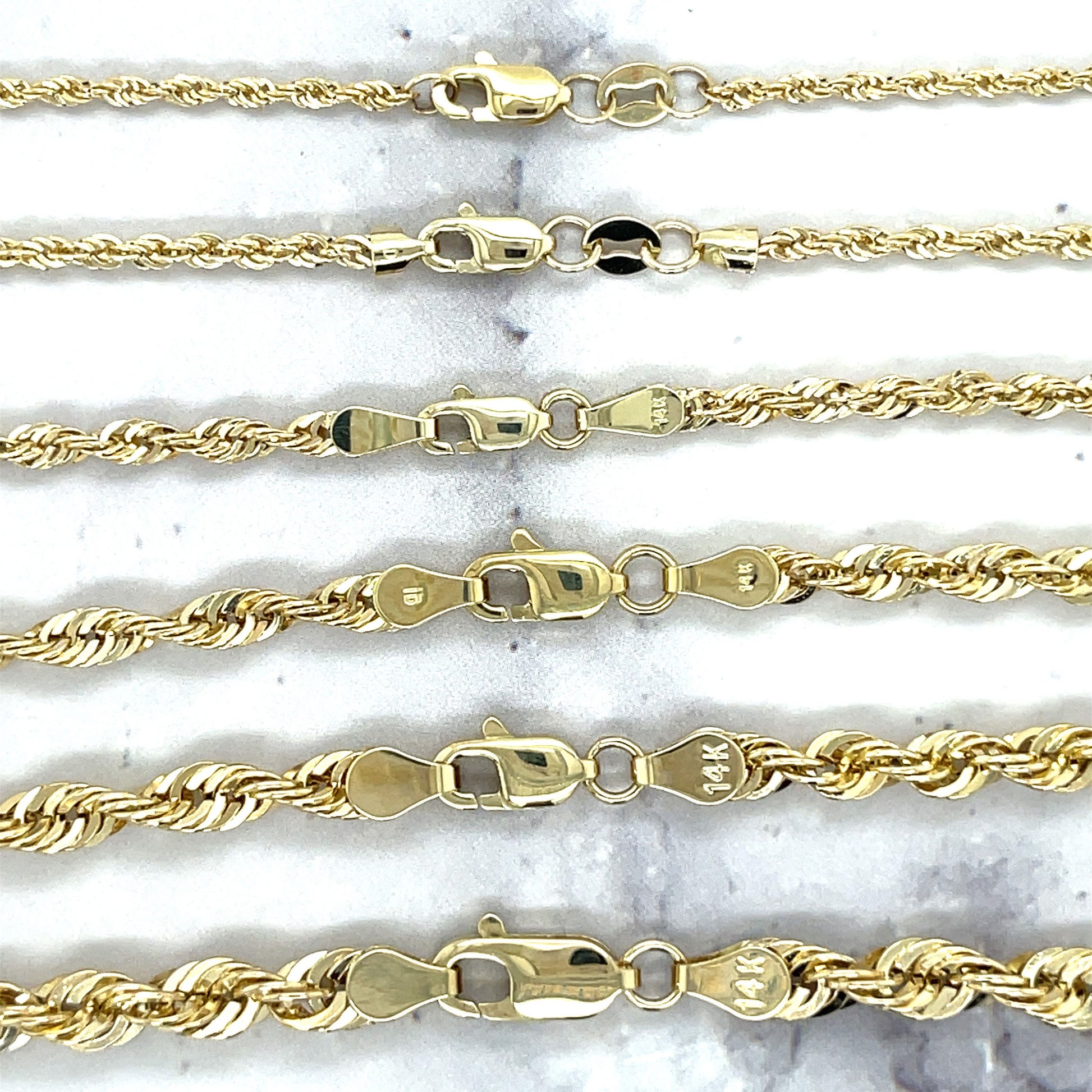 14K Yellow Gold Diamond Cut Rope Chain, 16" 18" 20" 22" 24", 1.5mm 2mm 2.5mm 3.2mm 4mm 5mm Thick, Lite Gold Chain, Real Gold Necklace, Women