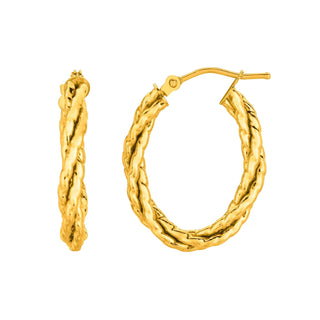 14K Yellow Gold 20x14mm Small Twisted Textured Oval Hoop Earring, 3.2mm Thick ,Real Gold Hoop Earrings Gift for her