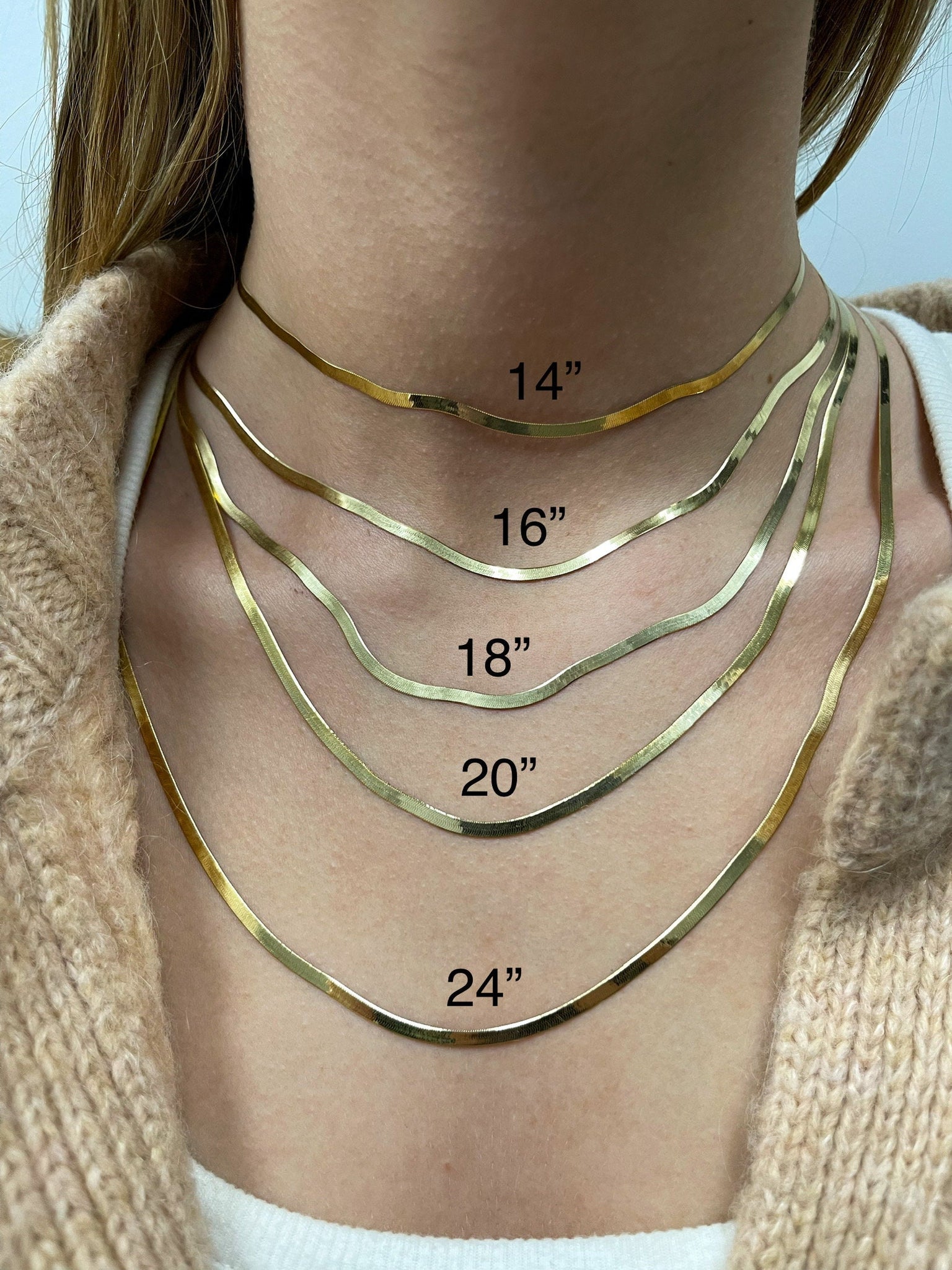 14K Solid Yellow Gold 14" 16" 18" 20" 24" Inch Herringbone Chain Necklace, 3mm Wide, Real Gold Chain, Women Necklace