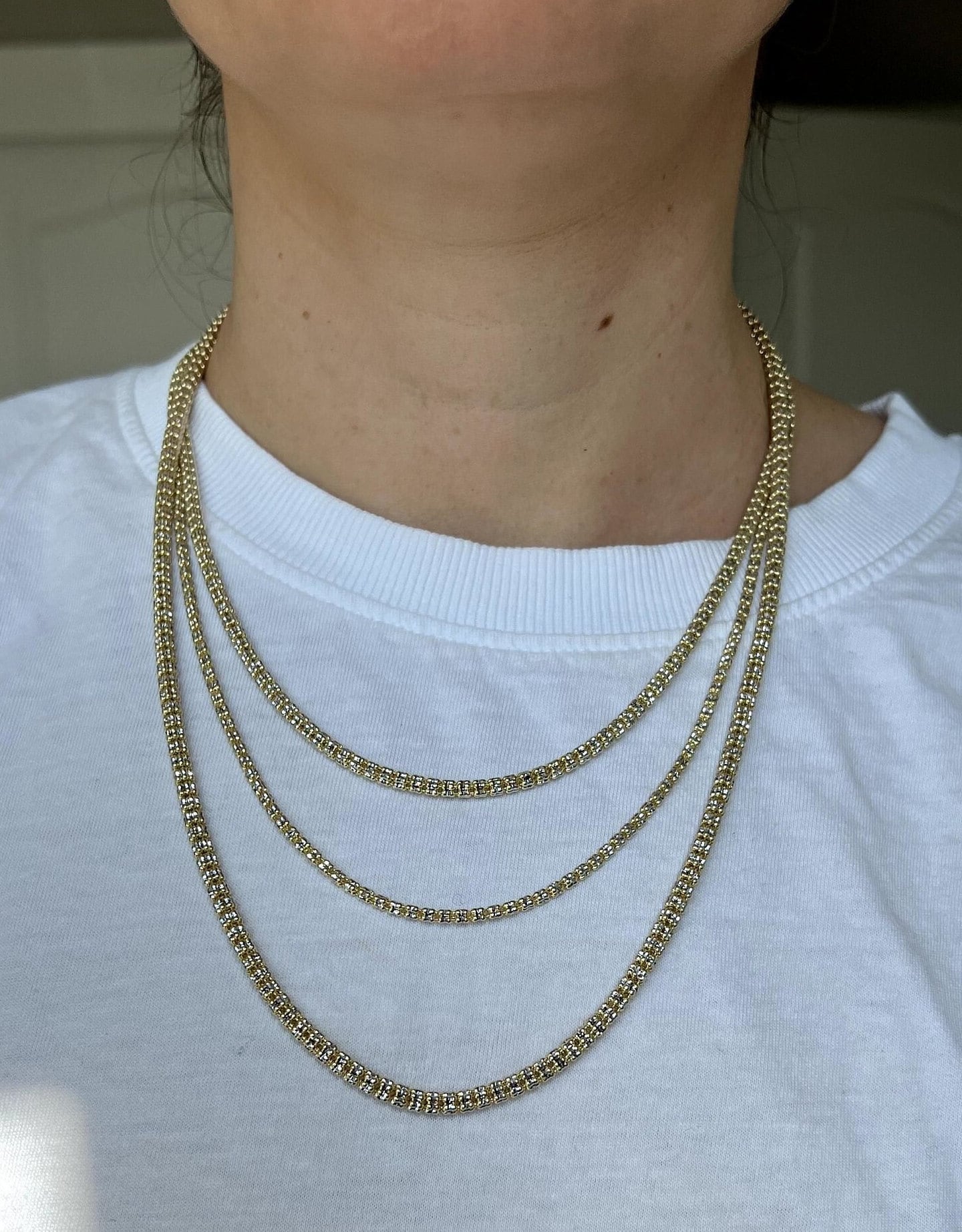 14K Gold Two Tone Ice Chain Necklace, 18" 20" 22" 24" Inch, 2.75mm 3.15mm 3.25mm Thick, Real Gold Iced Chain, Women Gift