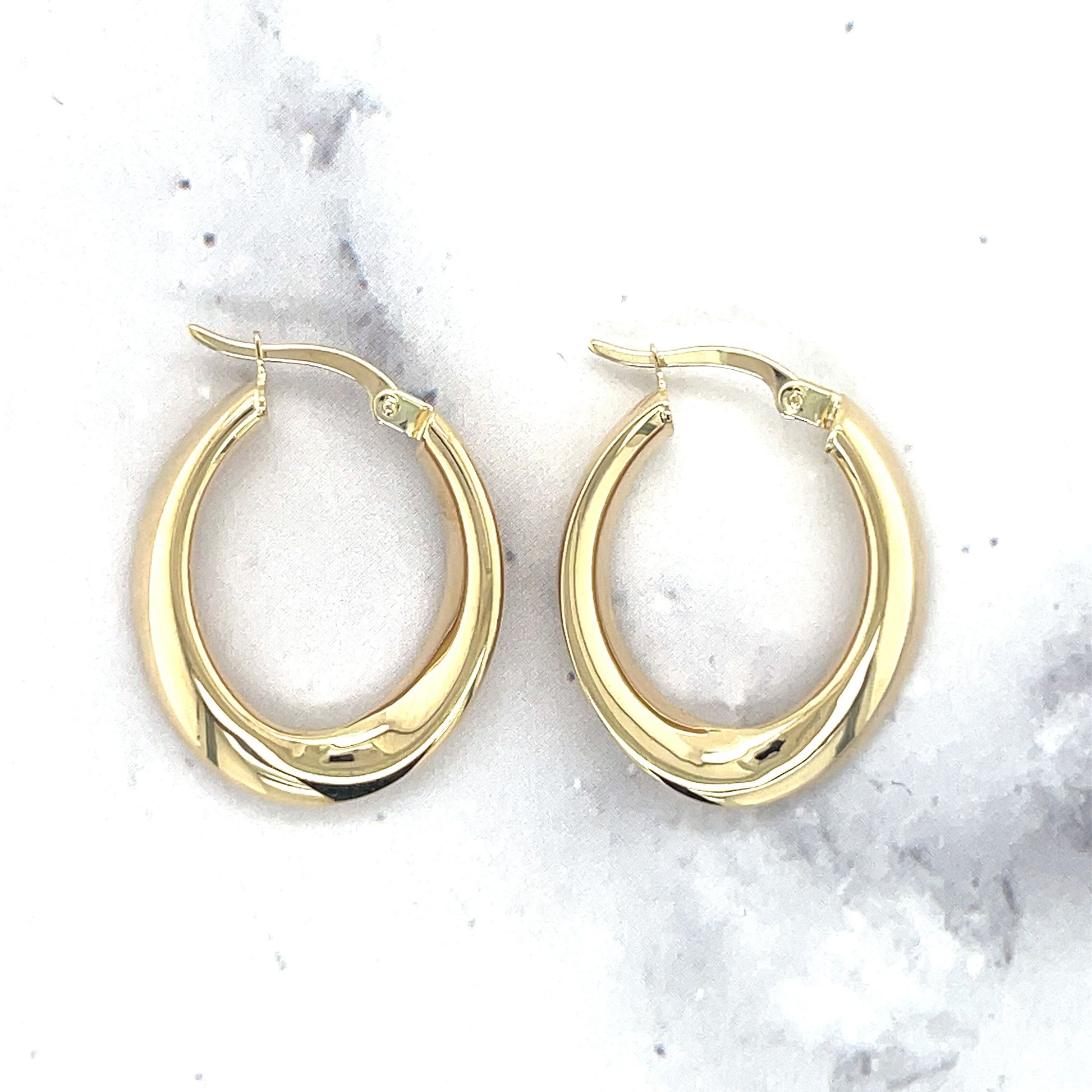 14K Yellow Gold 5x20mm Graduated Oval Hoop Earring ,Real Gold Earrings, Women Classic Hoops