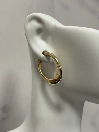 14K Yellow Gold 5x20mm Graduated Oval Hoop Earring ,Real Gold Earrings, Women Classic Hoops