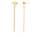 14K Yellow Gold Polished Bar With Horizontal Post Linear Drop Stud Earring, Real Gold Earrings, Women