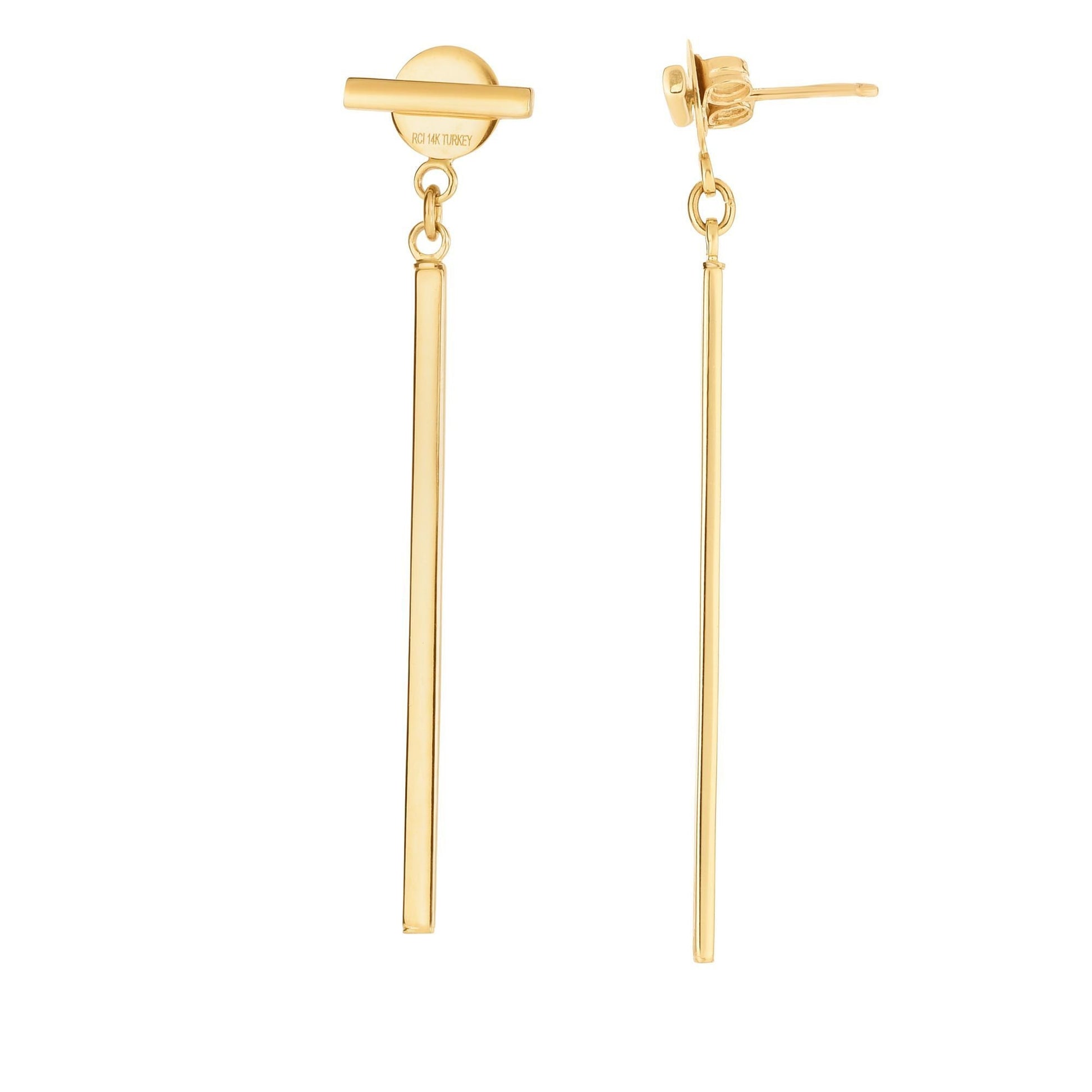 14K Yellow Gold Polished Bar With Horizontal Post Linear Drop Stud Earring, Real Gold Earrings, Women