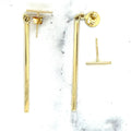 14K Yellow Gold Polished Bar With Horizontal Post Linear Drop Stud Earring, Real Gold Earrings, Women